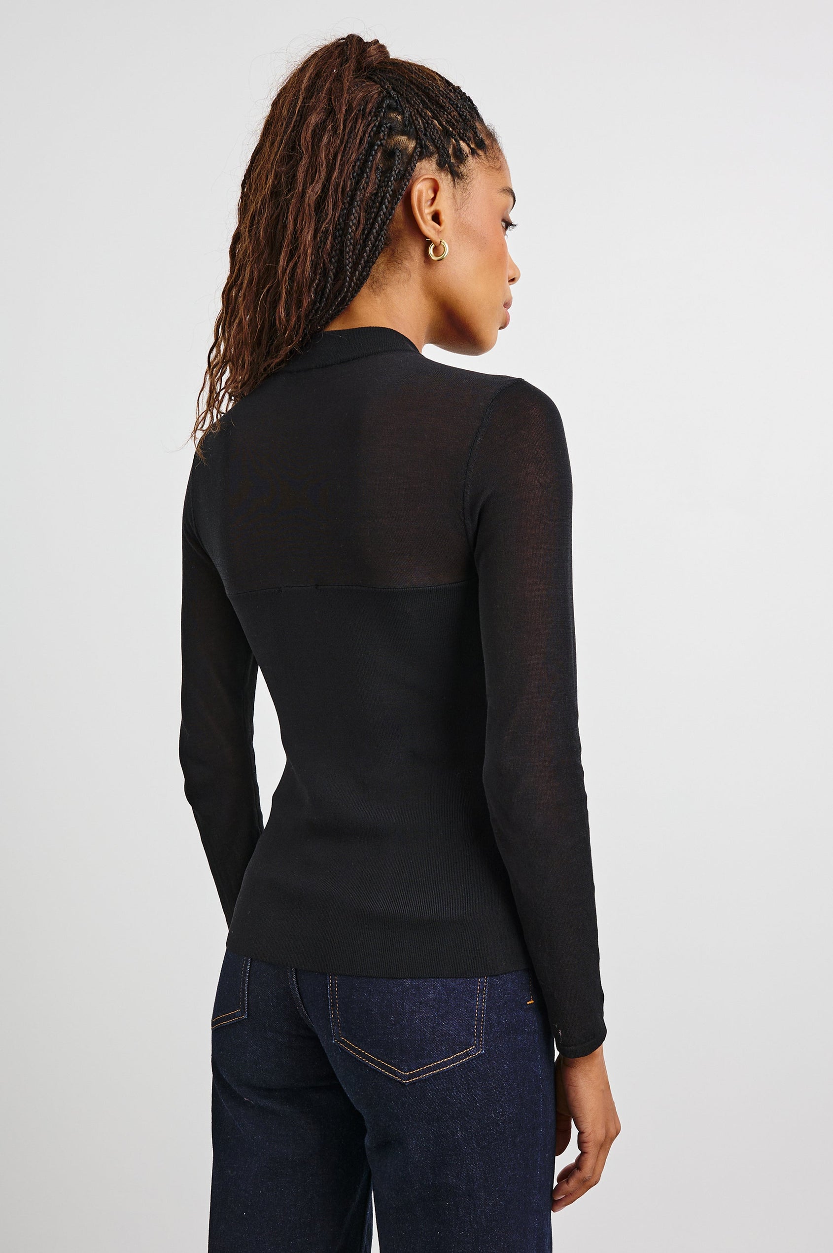 Winona Long-Sleeve Top with a Transparent Yoke and a Crew Neck in Black Colorway - Back View Featured on Model