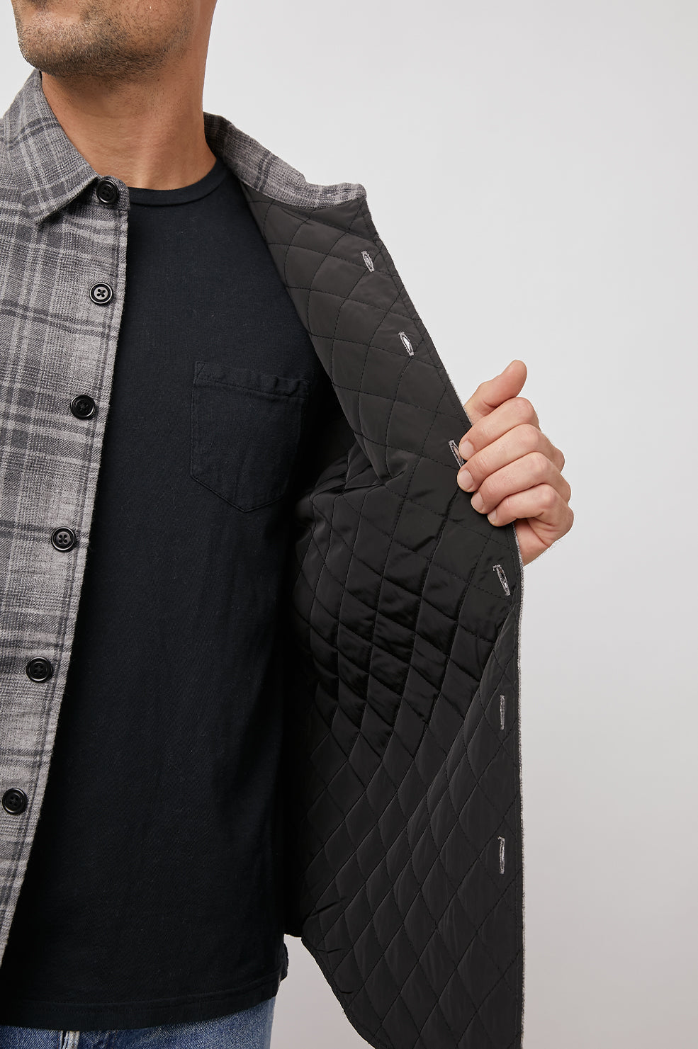 Worthing lined buttondown coat in grey melange creosote - front close up of lining