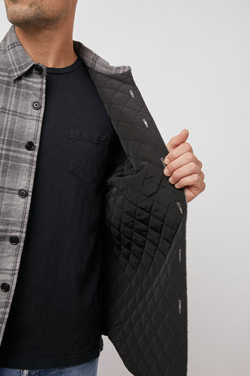 Worthing lined buttondown coat in grey melange creosote - front close up of lining