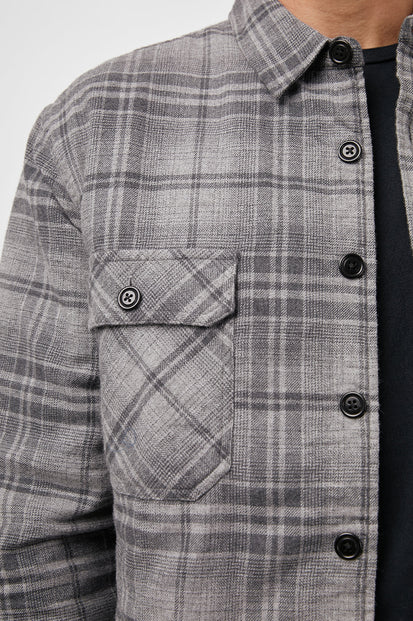Worthing lined buttondown coat in grey melange creosote - front unbuttoned close up