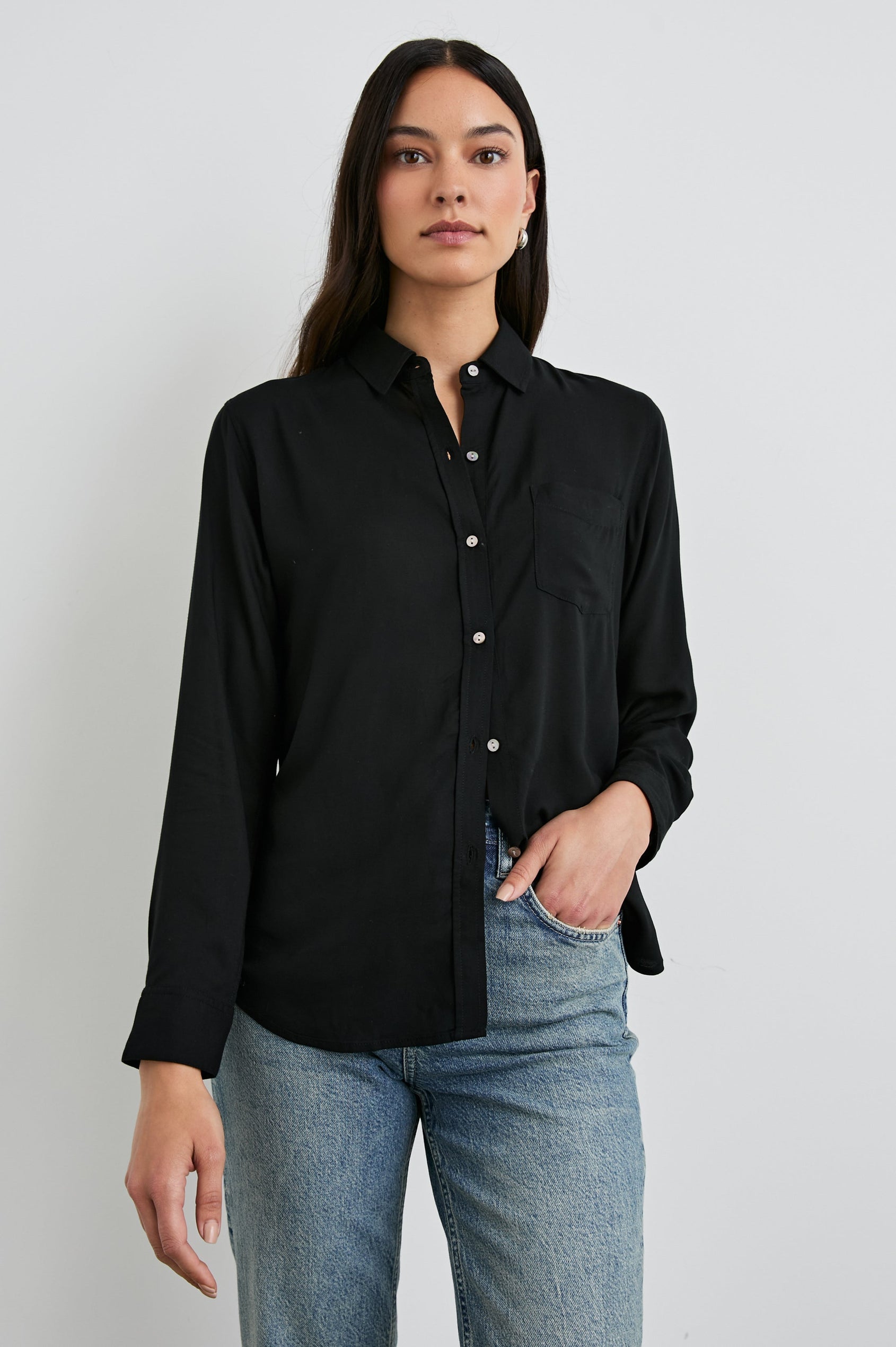 Wren Long-Sleeve Button Up with Chest Patch Pocket in Black Colorway - Front View Featured on Model