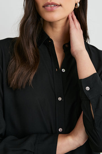 Wren Long-Sleeve Button Up with Chest Patch Pocket in Black Colorway - Front View Featured on Model