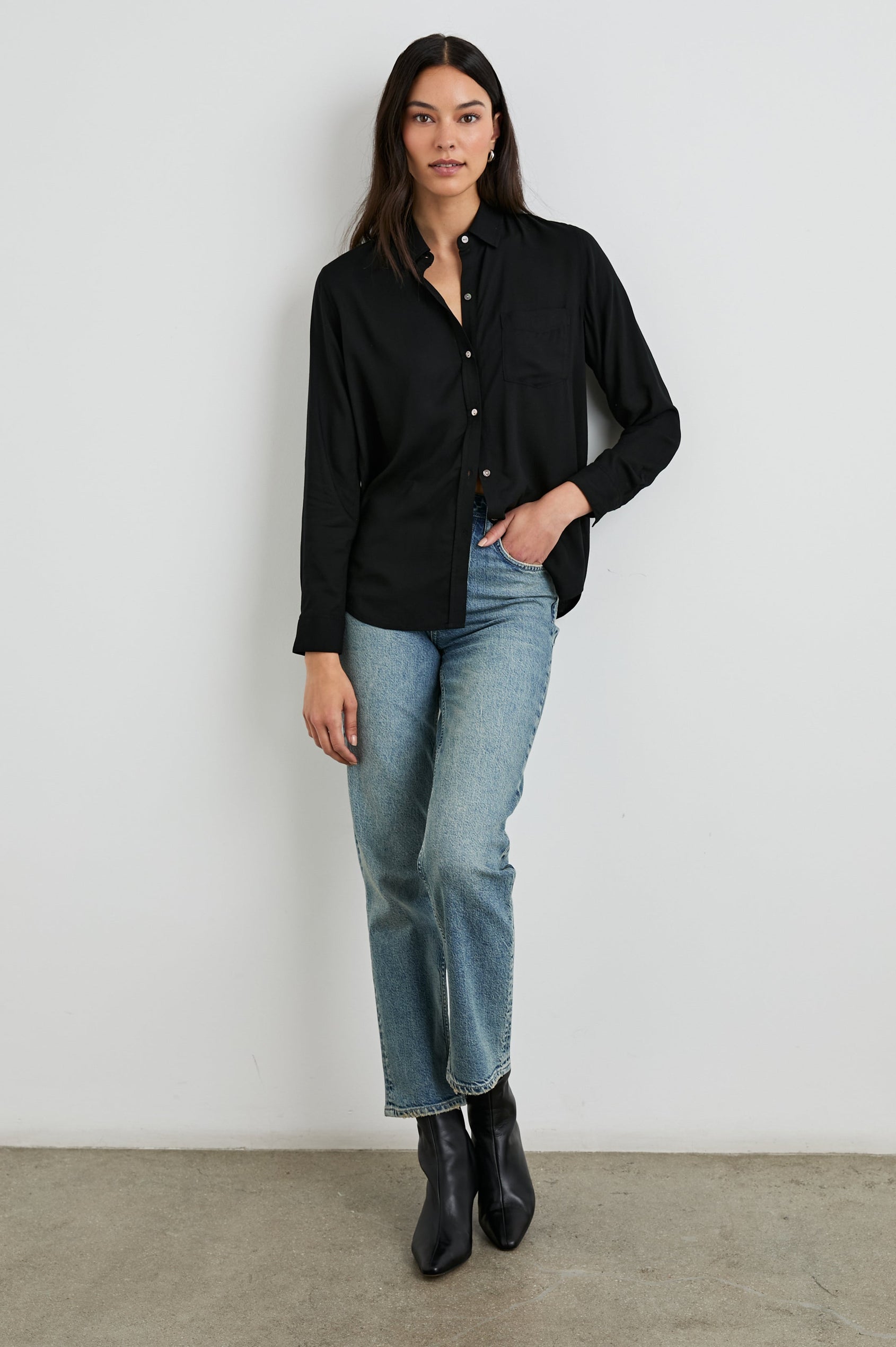 Wren Long-Sleeve Button Up with Chest Patch Pocket in Black Colorway - Front Full Body View Featured on Model