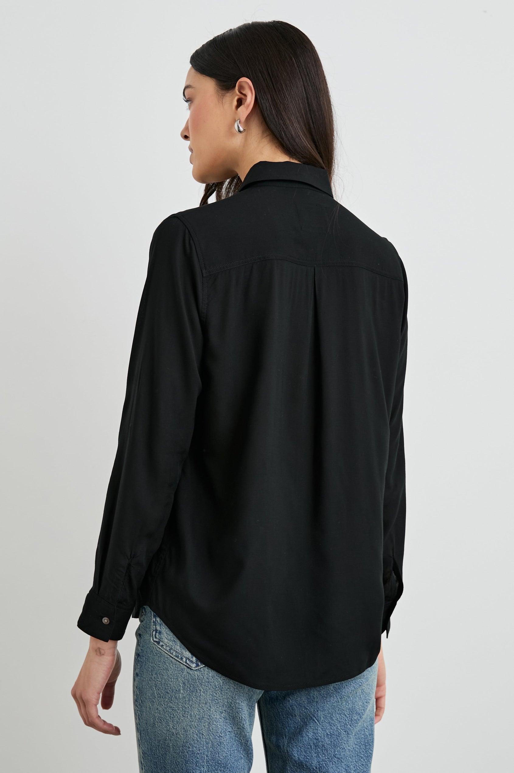 Wren Long-Sleeve Button Up with Chest Patch Pocket in Black Colorway - Back View Featured on Model