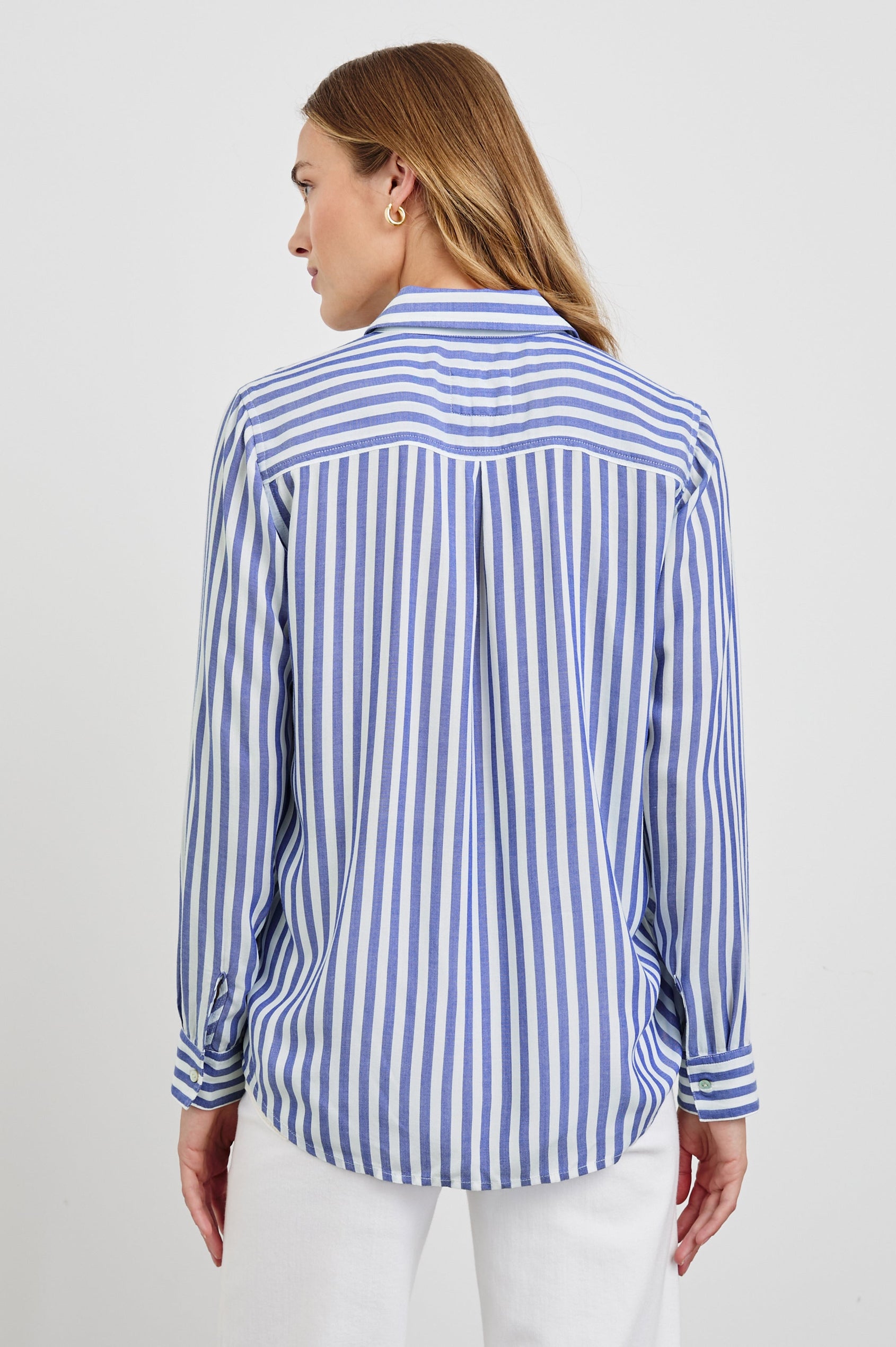 Wren Long-Sleeve Button Up with Chest Patch Pocket in Blue White Colorway, vertical stripes - Back View Featured on Model