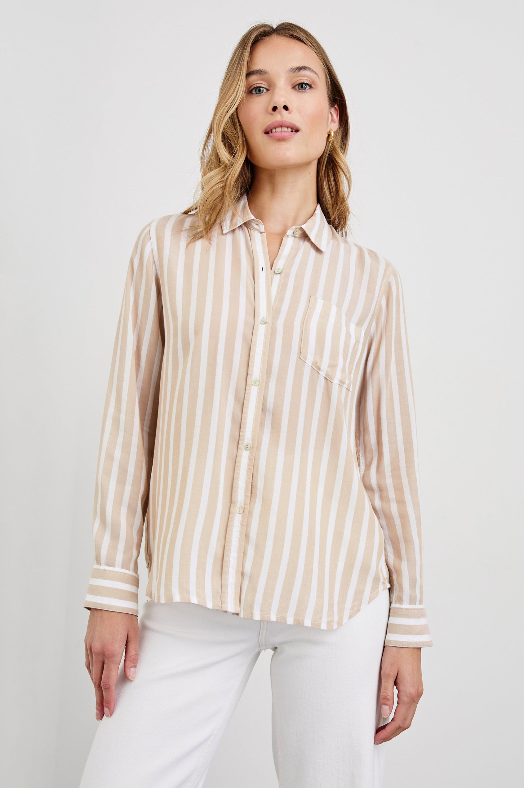 Wren long sleeve button up shirt with collar and front chest pocket in Natural Stripe - front view on model