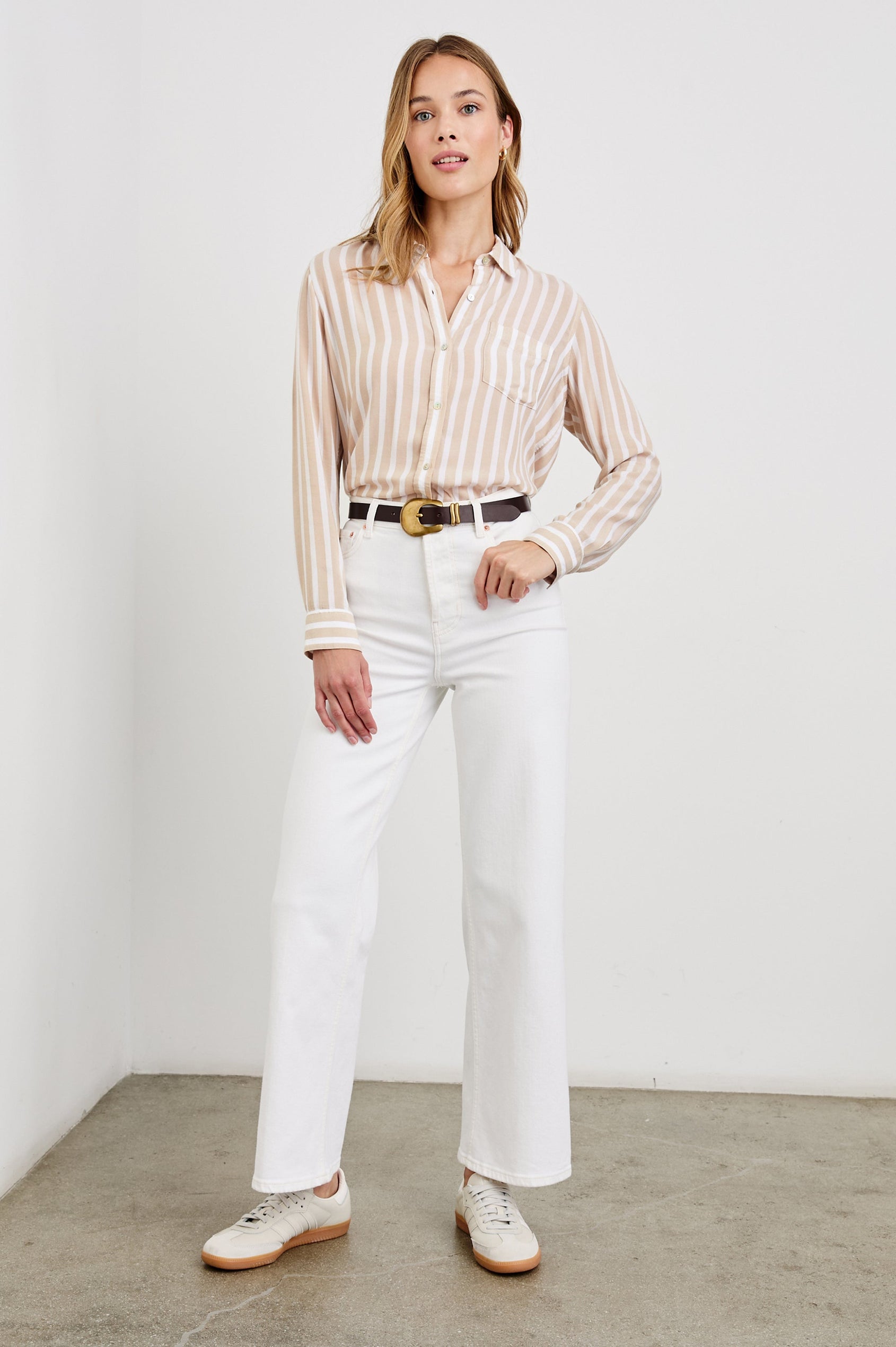 Wren long sleeve button up shirt with collar and front chest pocket in Natural Stripe - full body front view on model