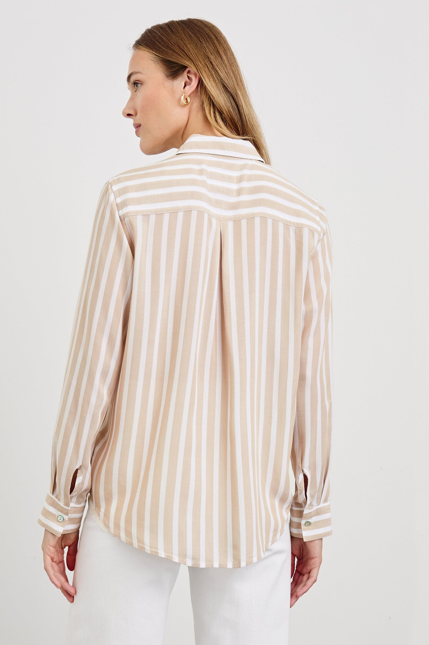 Wren long sleeve button up shirt with collar and front chest pocket in Natural Stripe - back view on model