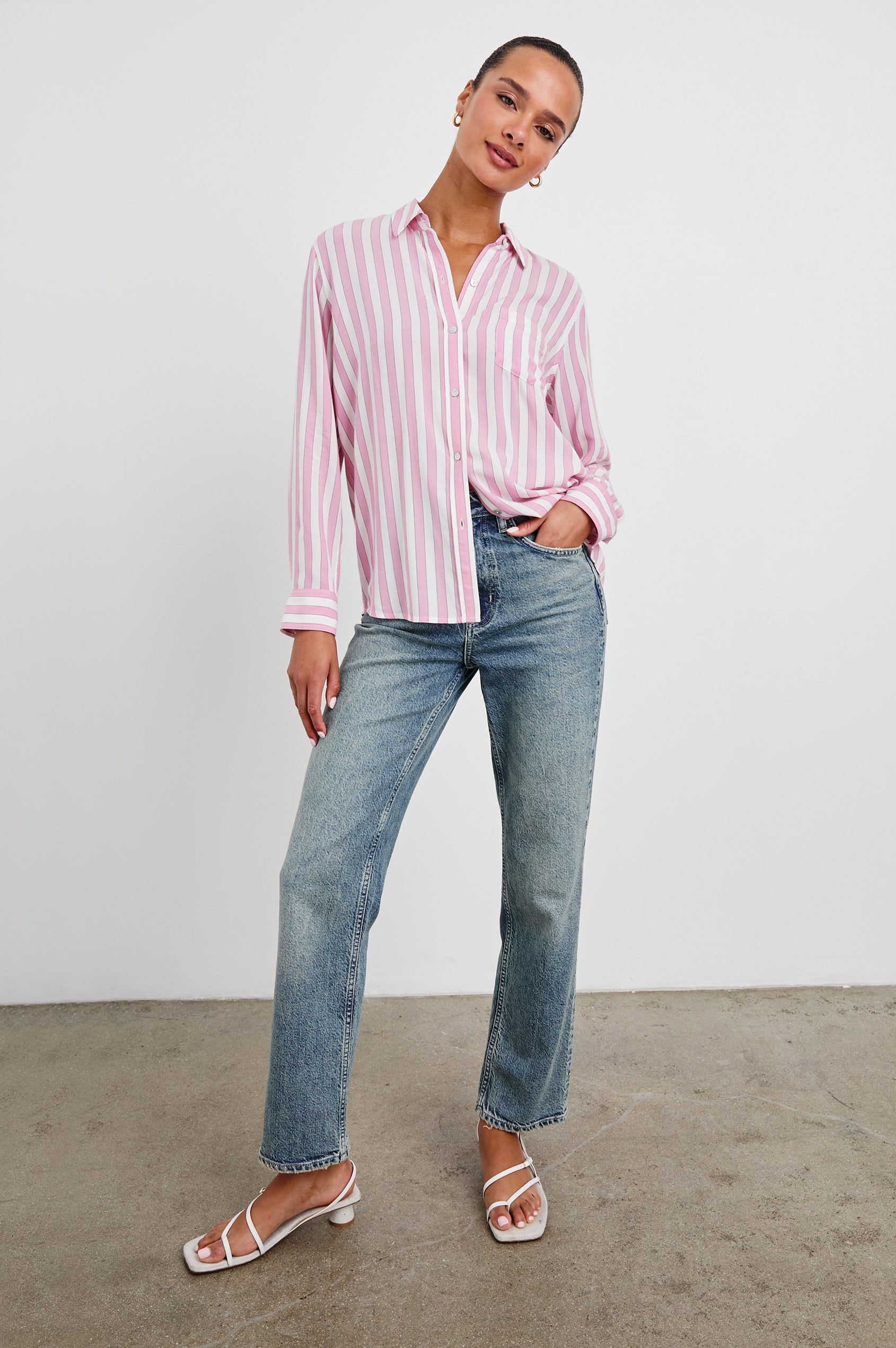 Wren Long-Sleeve Button Up with Chest Patch Pocket in Rose Bloom Stripe Colorway, Rose and White Vertical Stripes - Front Full Body View Featured on Model