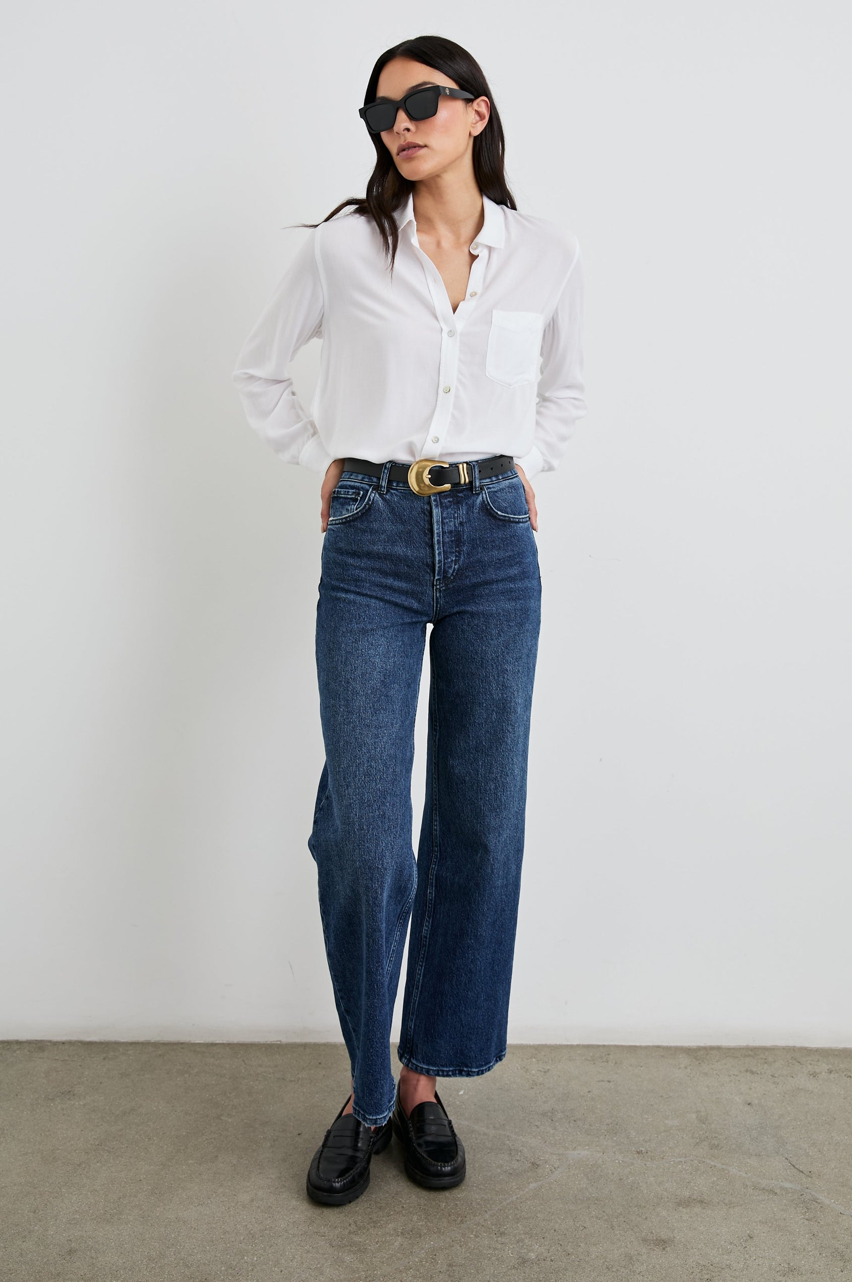 Wren Long-Sleeve Button Up with Chest Patch Pocket in White Colorway - Front Tucked Full Body View Featured on Model