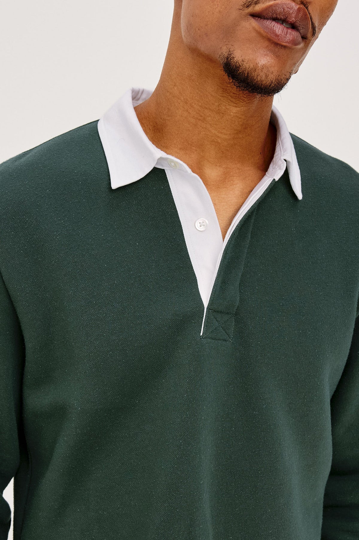 Wright Shirt in Midweight Fleece, Brushed Backing, Relaxed Fit, Vintage-Inspired Contrast Rugby Collar, Two-Button Placket, and Straight Hem With Side Slits in Duck Green Colorway - Upper Body Back View Featured on Model