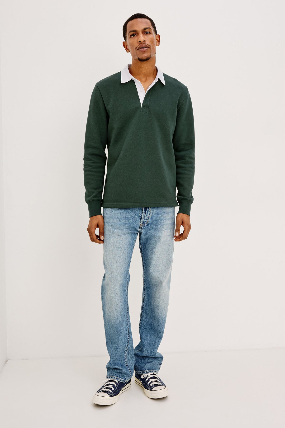 Wright Shirt in Midweight Fleece, Brushed Backing, Relaxed Fit, Vintage-Inspired Contrast Rugby Collar, Two-Button Placket, and Straight Hem With Side Slits in Duck Green Colorway - Full Body Front View Featured on Model