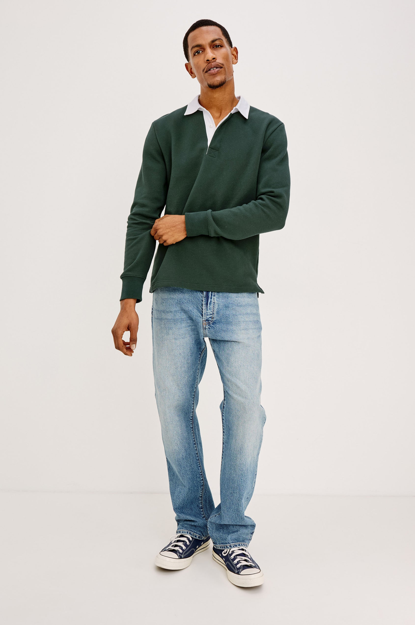 Wright Shirt in Midweight Fleece, Brushed Backing, Relaxed Fit, Vintage-Inspired Contrast Rugby Collar, Two-Button Placket, and Straight Hem With Side Slits in Duck Green Colorway - Full Body Front View Featured on Model