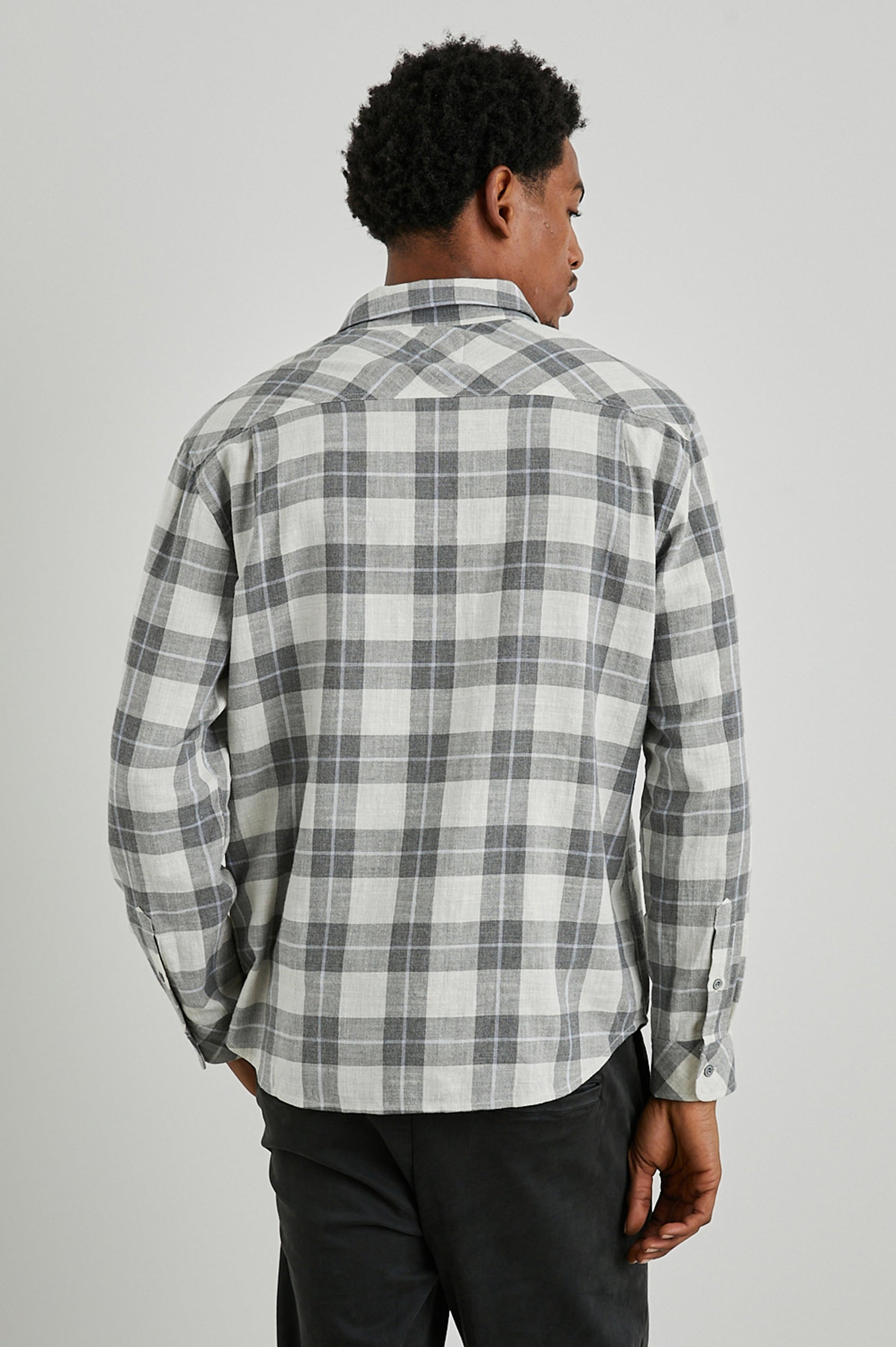 Wyatt Long-Sleeve Button Up with a Chest Patch Pocket in Anthrocite Sky Melange Colorway, a plaid with Anthrocite, Sky and Cream - Back View Featured on Model