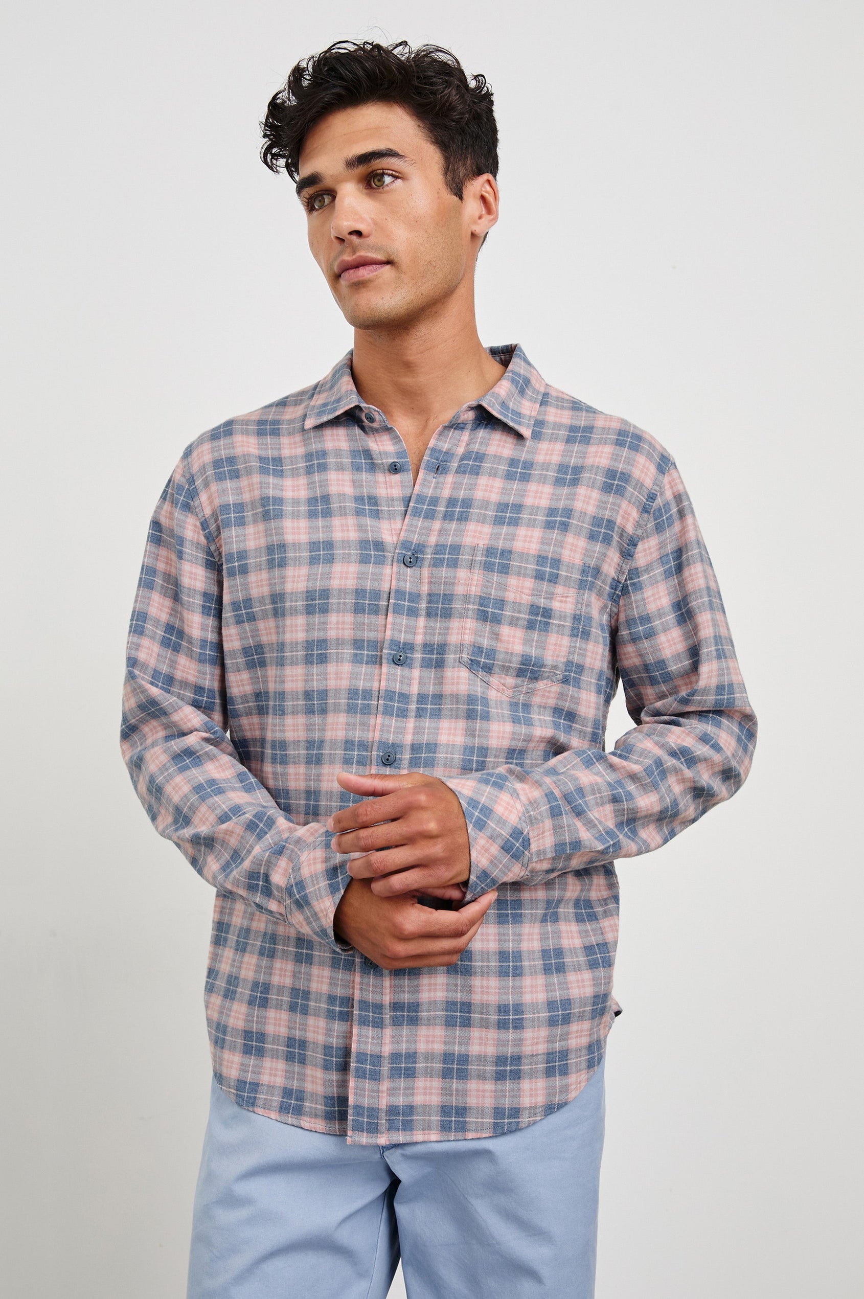 Wyatt Classic Button Up Long Sleeve Shirt with plaid print in Blueberry Blush - front view on model, hands at front