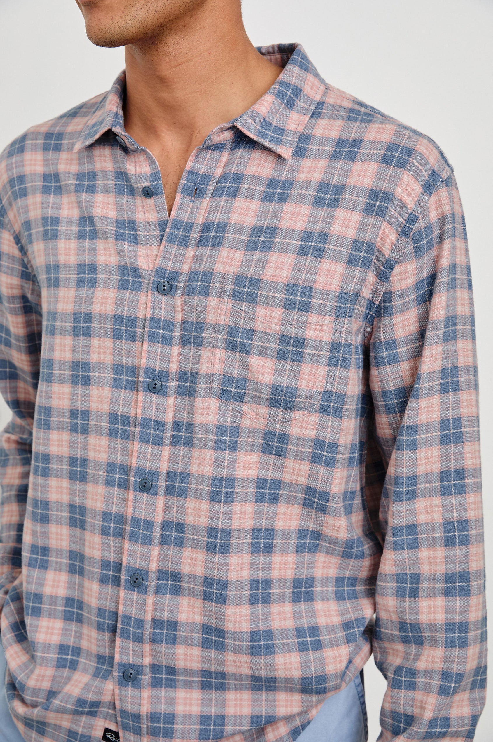 Wyatt Classic Button Up Long Sleeve Shirt with plaid print in Blueberry Blush - close up of details on model