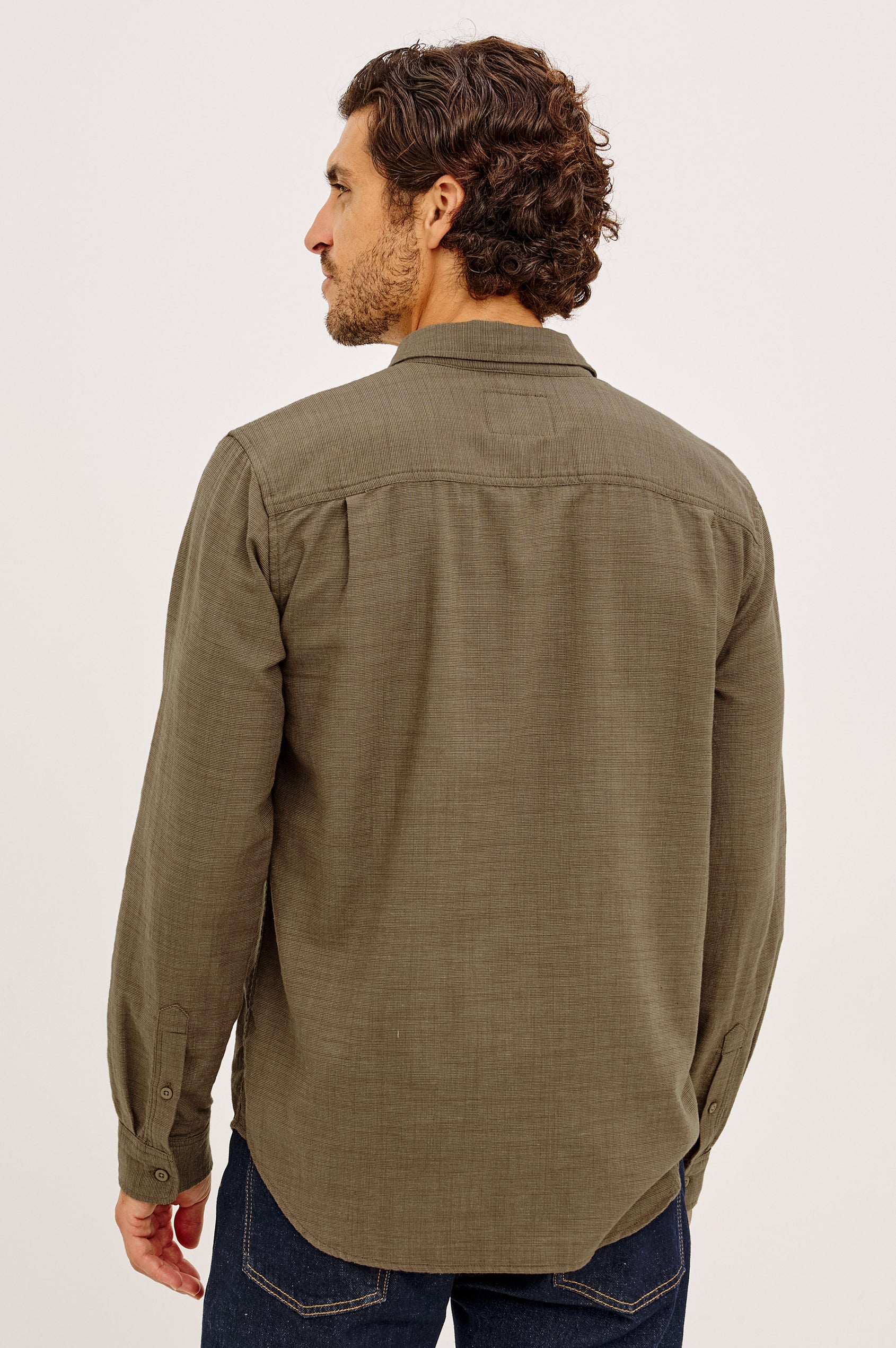 Wyatt Shirt in Cotton Slub Plainweave With Classic Fit, Collar, Button Front, Chest Patch Pocket, Long Sleeves, Shirttail Hem in Espresso Etch Colorway - Upper Body Back View Featured on Model