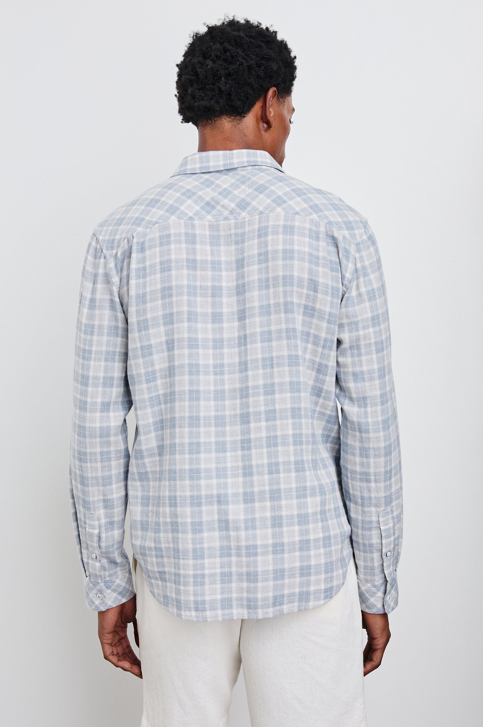 Wyatt Classic Button Up Long Sleeve Shirt with plaid print in Gentle Shore Melange - back view on model