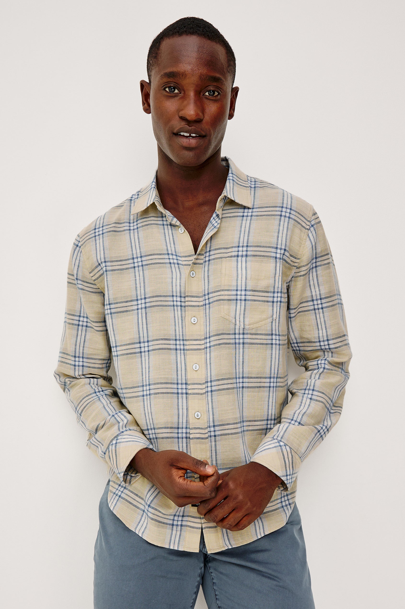 Wyatt Button Front Collared Shirt With Long Sleeves and Single Chest Pocket in Horizon Silvermist Colorway - Upper Body Front View Featured on Model