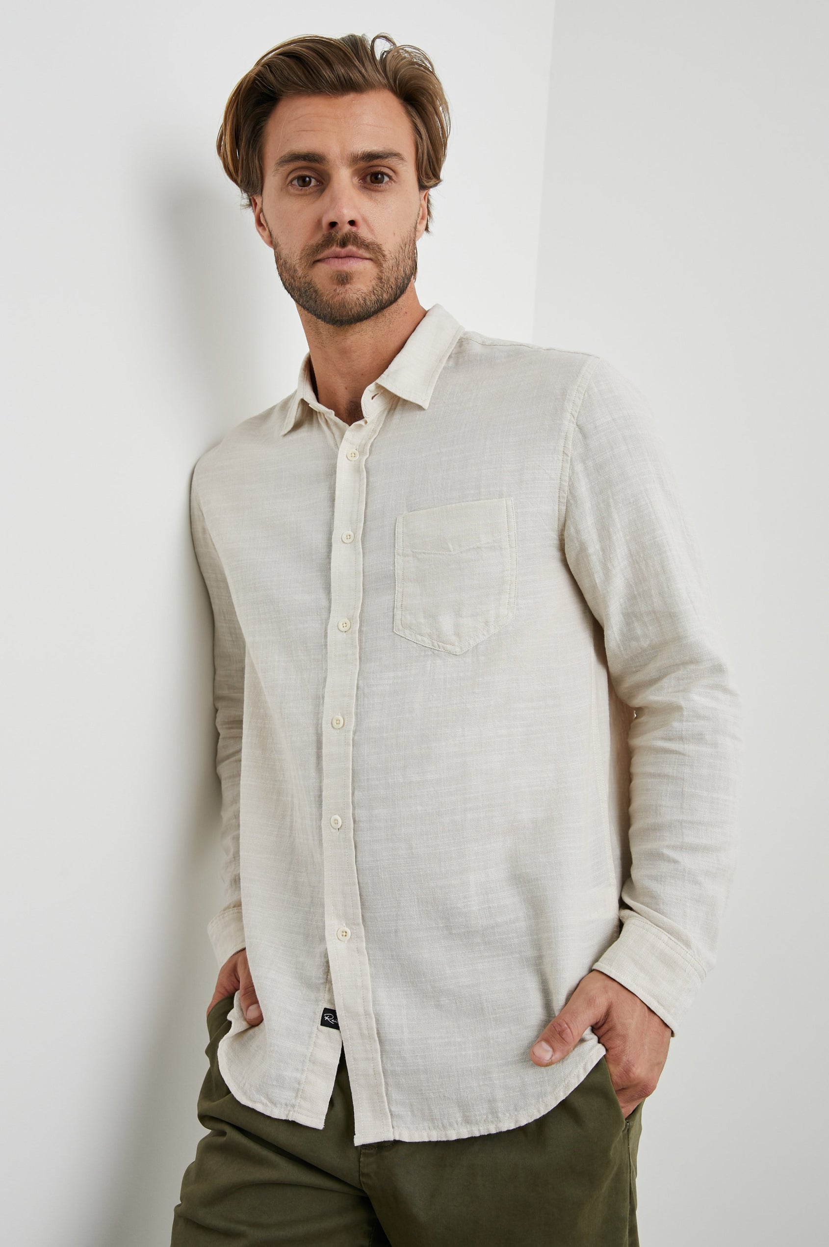Wyatt Long-Sleeve Button Up with a Chest Patch Pocket in Hummus Colorway - Front View Featured on Model