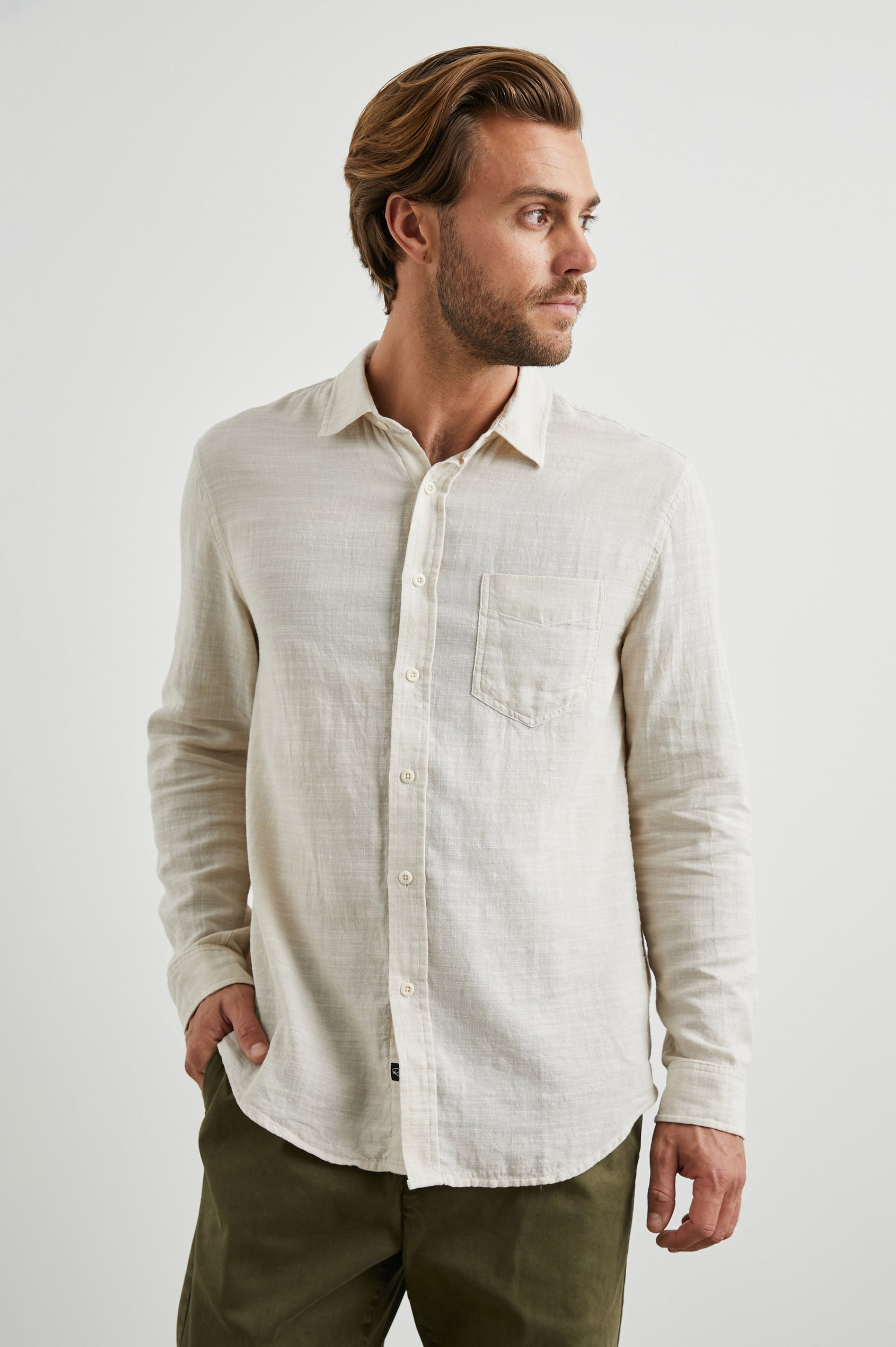 Wyatt Long-Sleeve Button Up with a Chest Patch Pocket in Hummus Colorway - Front View Featured on Model