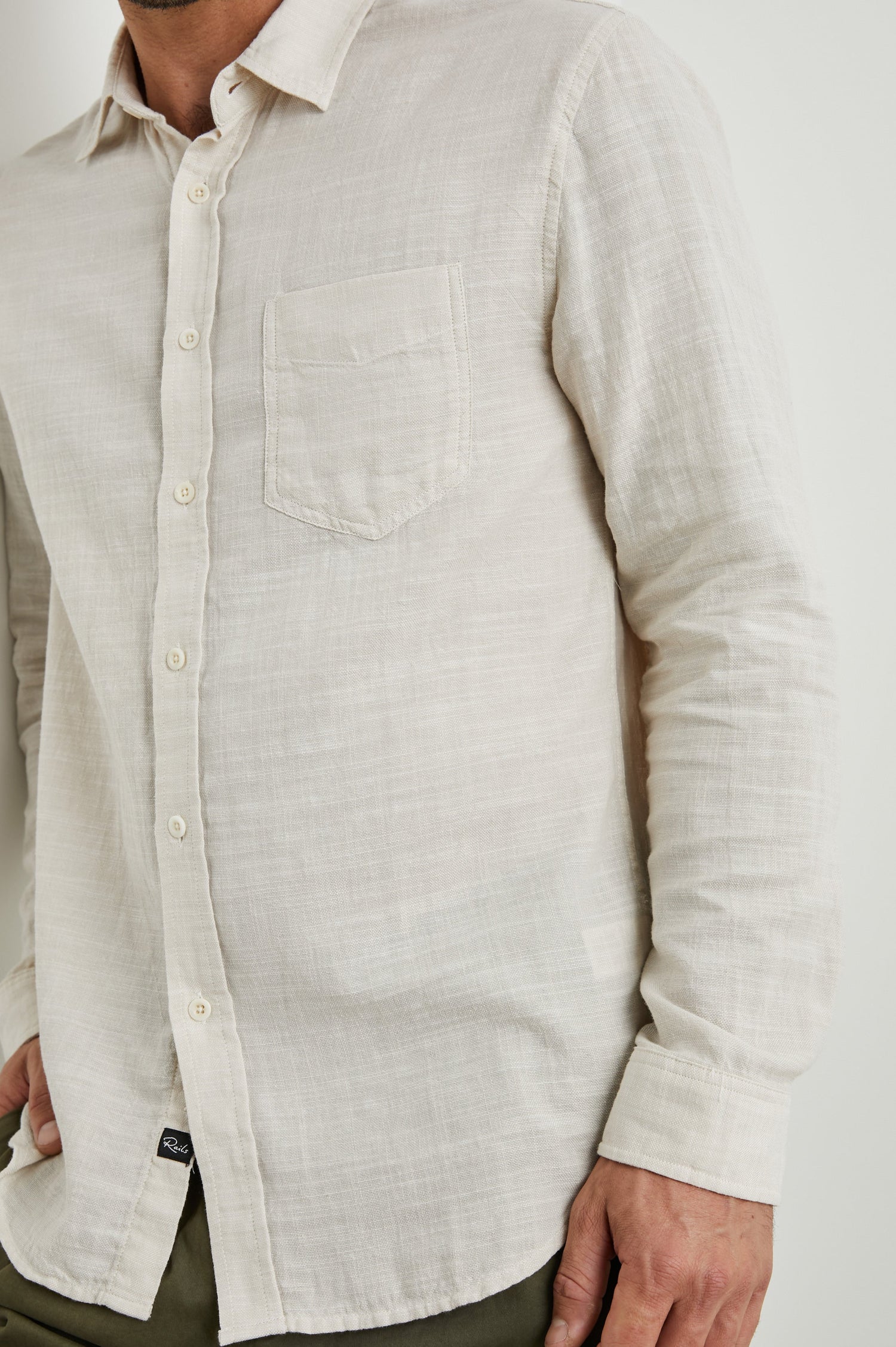 Wyatt Long-Sleeve Button Up with a Chest Patch Pocket in Hummus Colorway - Front View Featured on Model