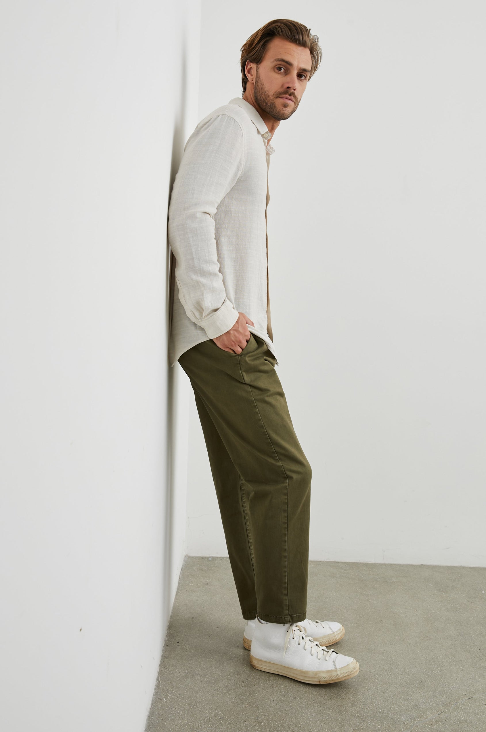 Wyatt Long-Sleeve Button Up with a Chest Patch Pocket in Hummus Colorway - Front Full Body View Featured on Model