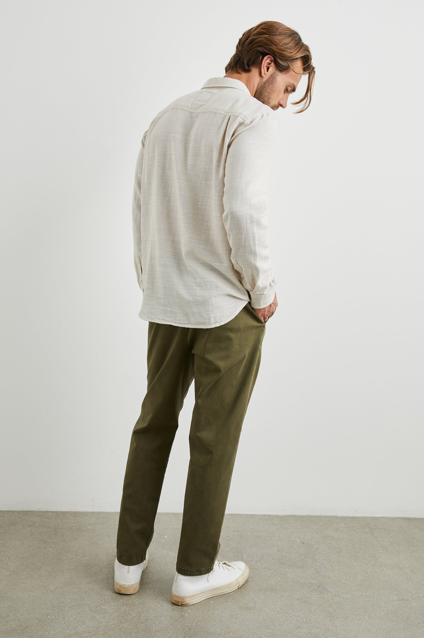 Wyatt Long-Sleeve Button Up with a Chest Patch Pocket in Hummus Colorway - Front Full Body View Featured on Model