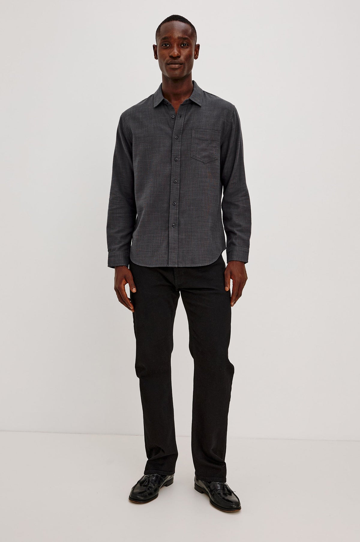 Wyatt Shirt in Cotton Slub Plainweave With Classic Fit, Collar, Button Front, Chest Patch Pocket, Long Sleeves, Shirttail Hem in Midnight Etch Colorway - Full Body Front View Featured on Model