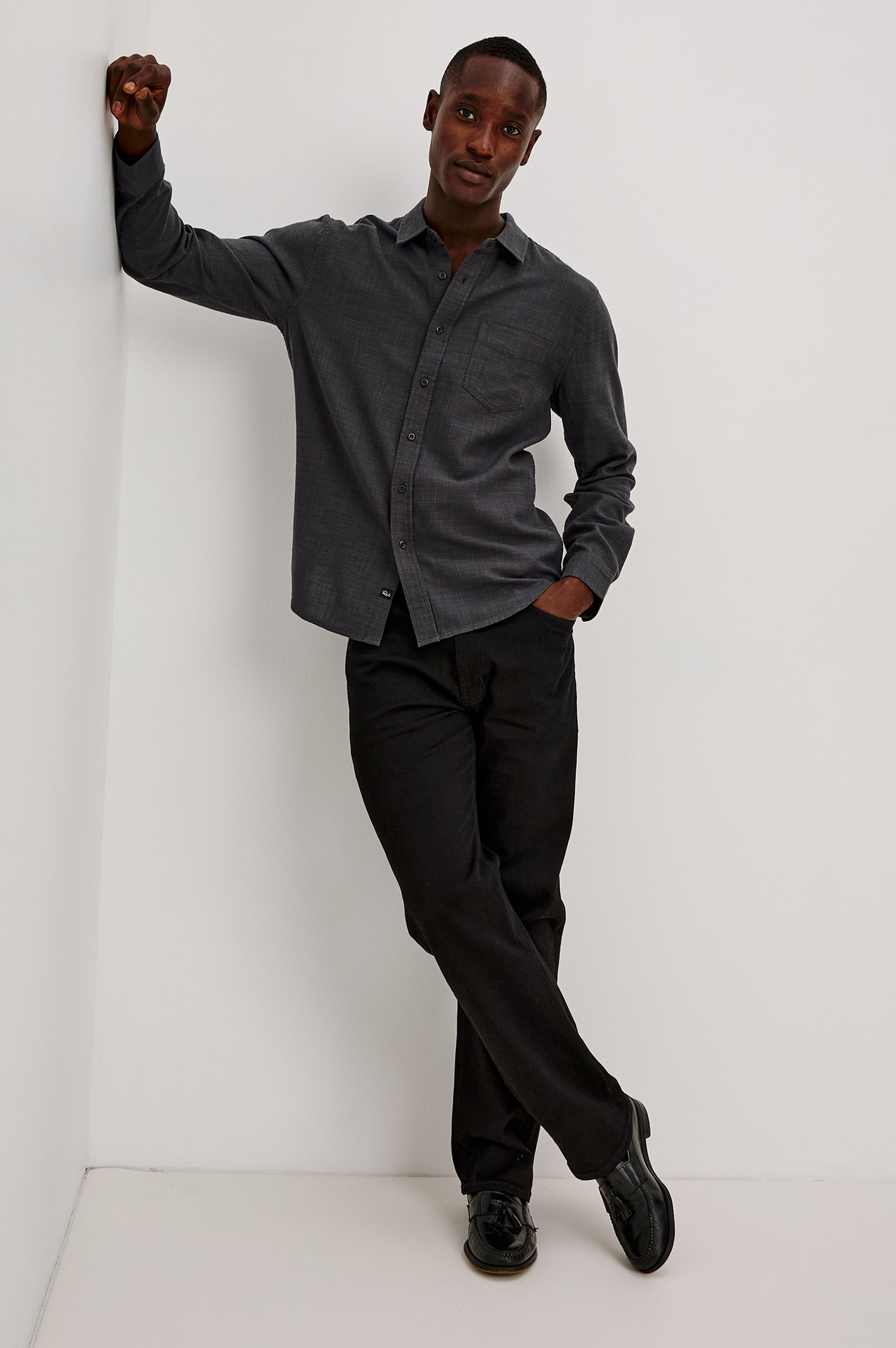 Wyatt Shirt in Cotton Slub Plainweave With Classic Fit, Collar, Button Front, Chest Patch Pocket, Long Sleeves, Shirttail Hem in Midnight Etch Colorway - Full Body Front View Featured on Model