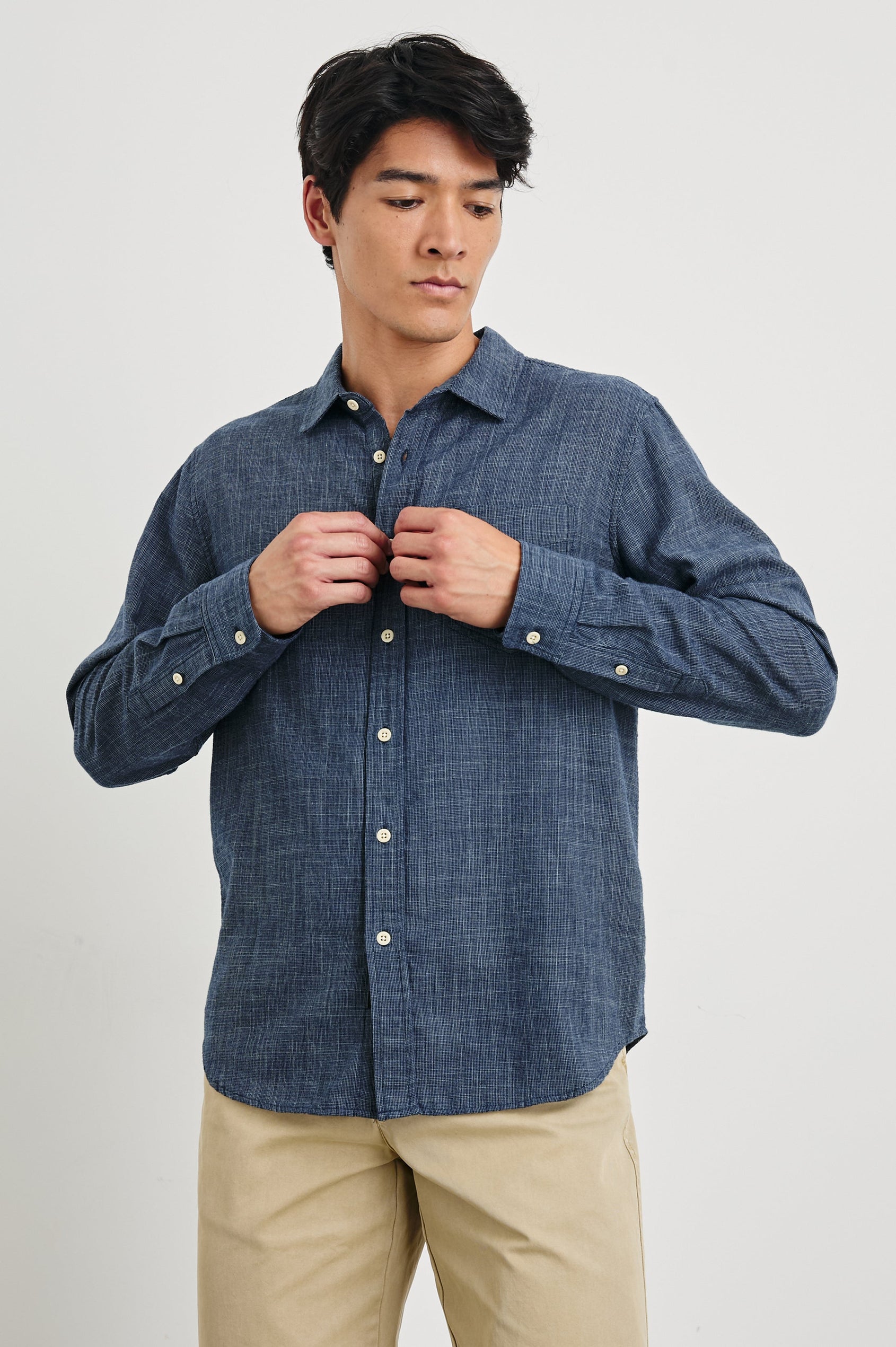 Wyatt Long-Sleeve Button Up with a Chest Patch Pocket in Navy Etch Colorway - Front View Featured on Model