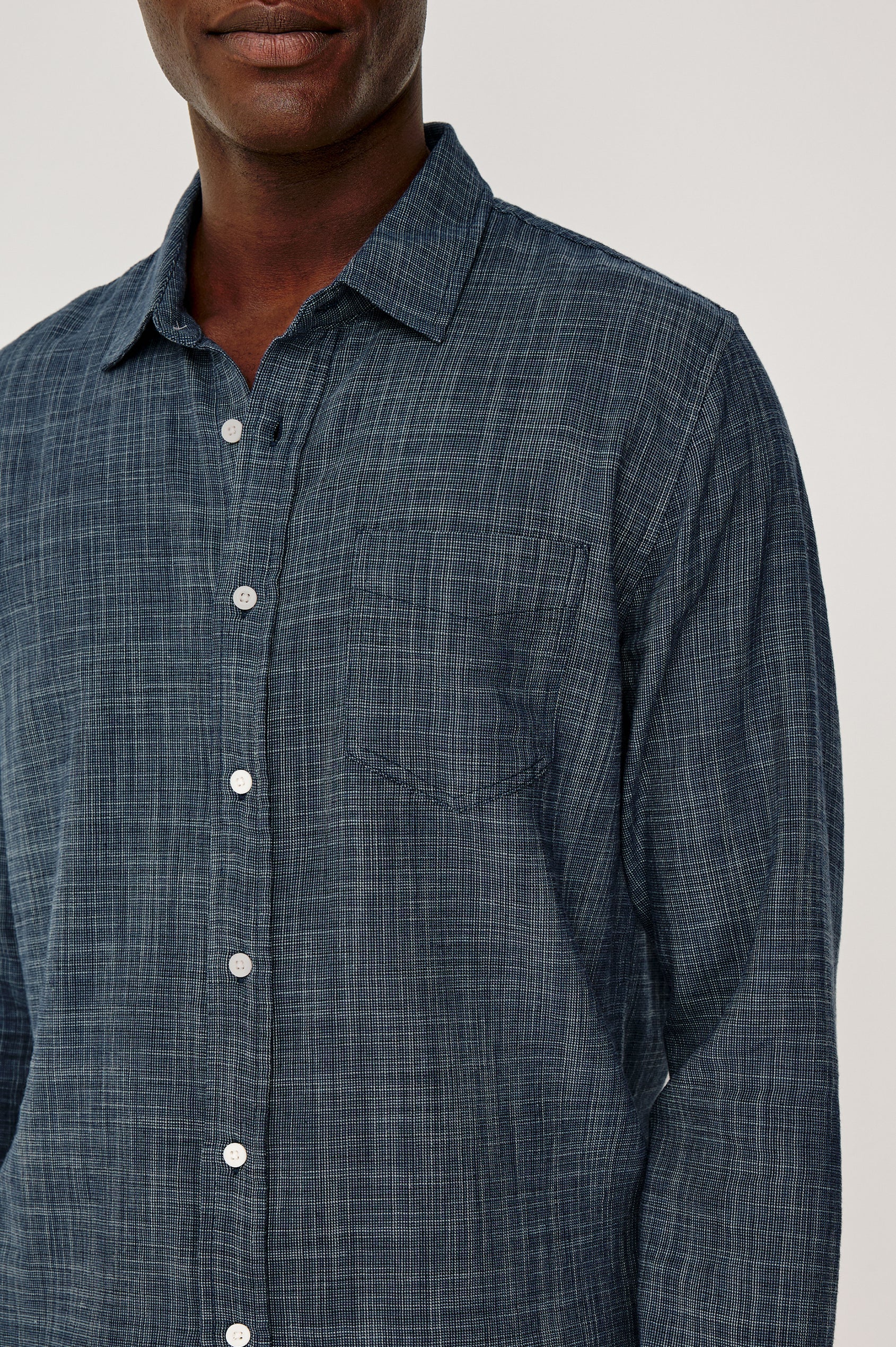 Wyatt Button Front Collared Shirt With Long Sleeves and Single Chest Pocket in Horizon Silvermist Colorway - Upper Body Front Detail View Featured on Model