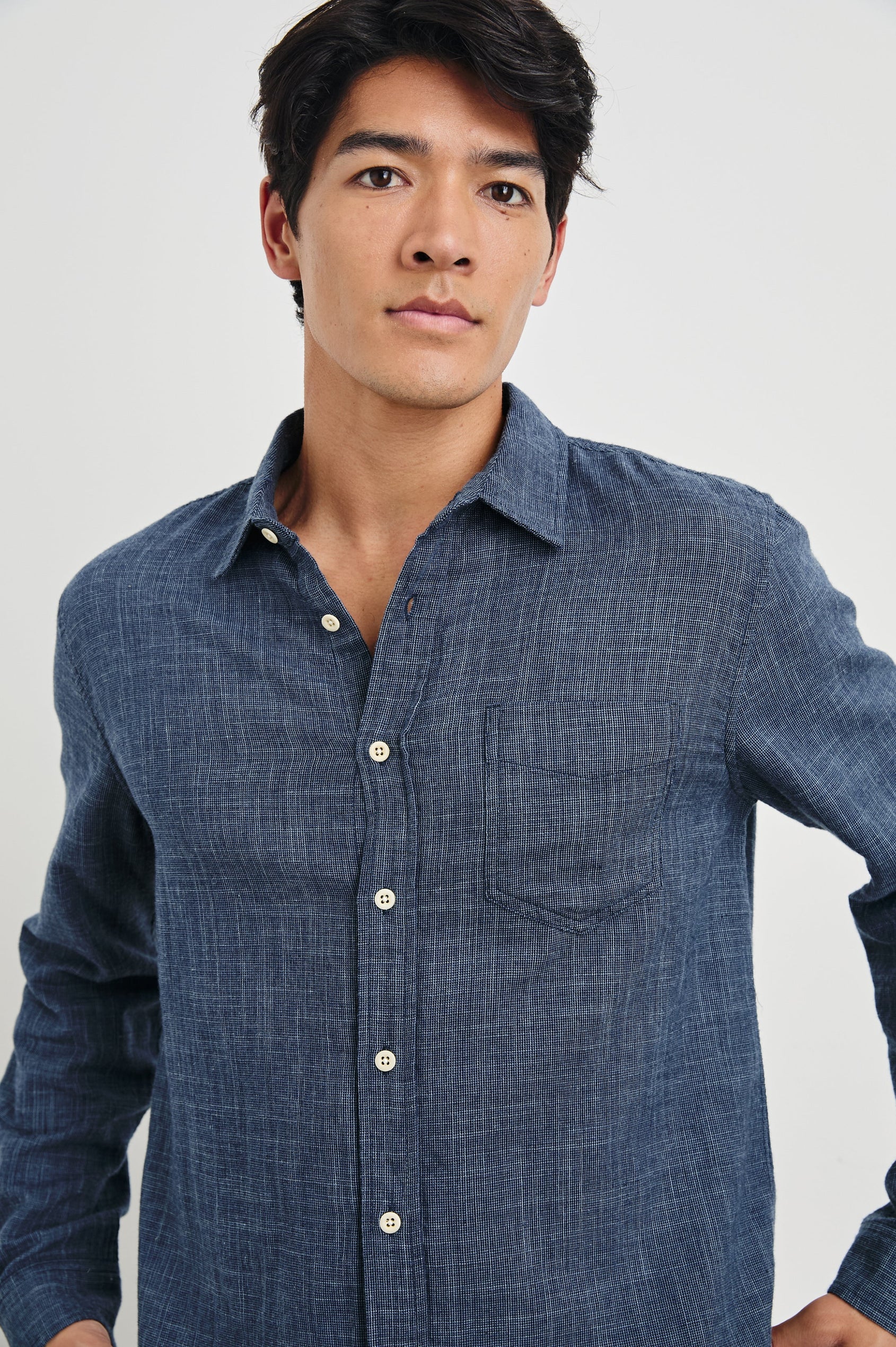 Wyatt Long-Sleeve Button Up with a Chest Patch Pocket in Navy Etch Colorway - Front View Featured on Model