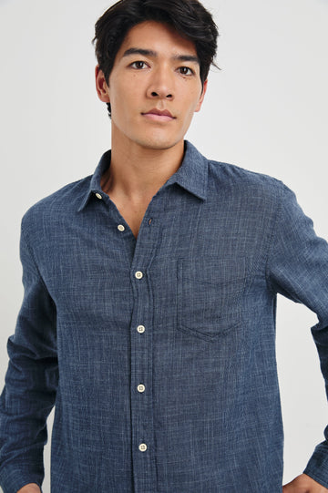 Wyatt Long-Sleeve Button Up with a Chest Patch Pocket in Navy Etch Colorway - Front View Featured on Model