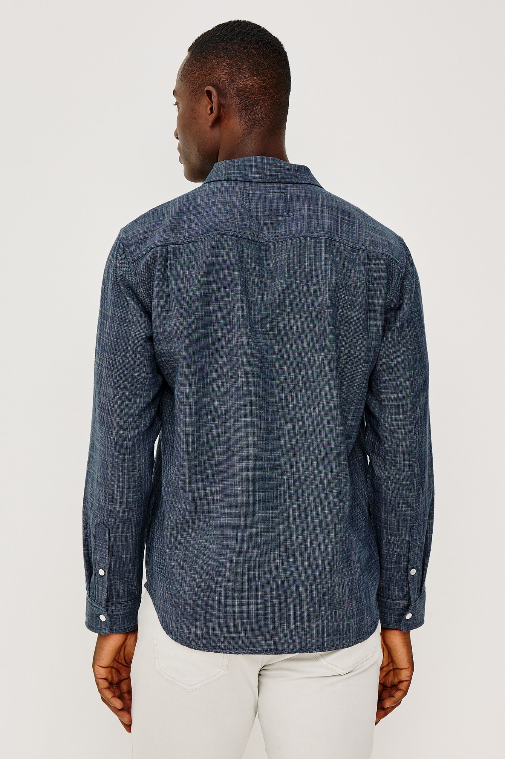 Wyatt Button Front Collared Shirt With Long Sleeves and Single Chest Pocket in Horizon Silvermist Colorway - Upper Body Back View Featured on Model