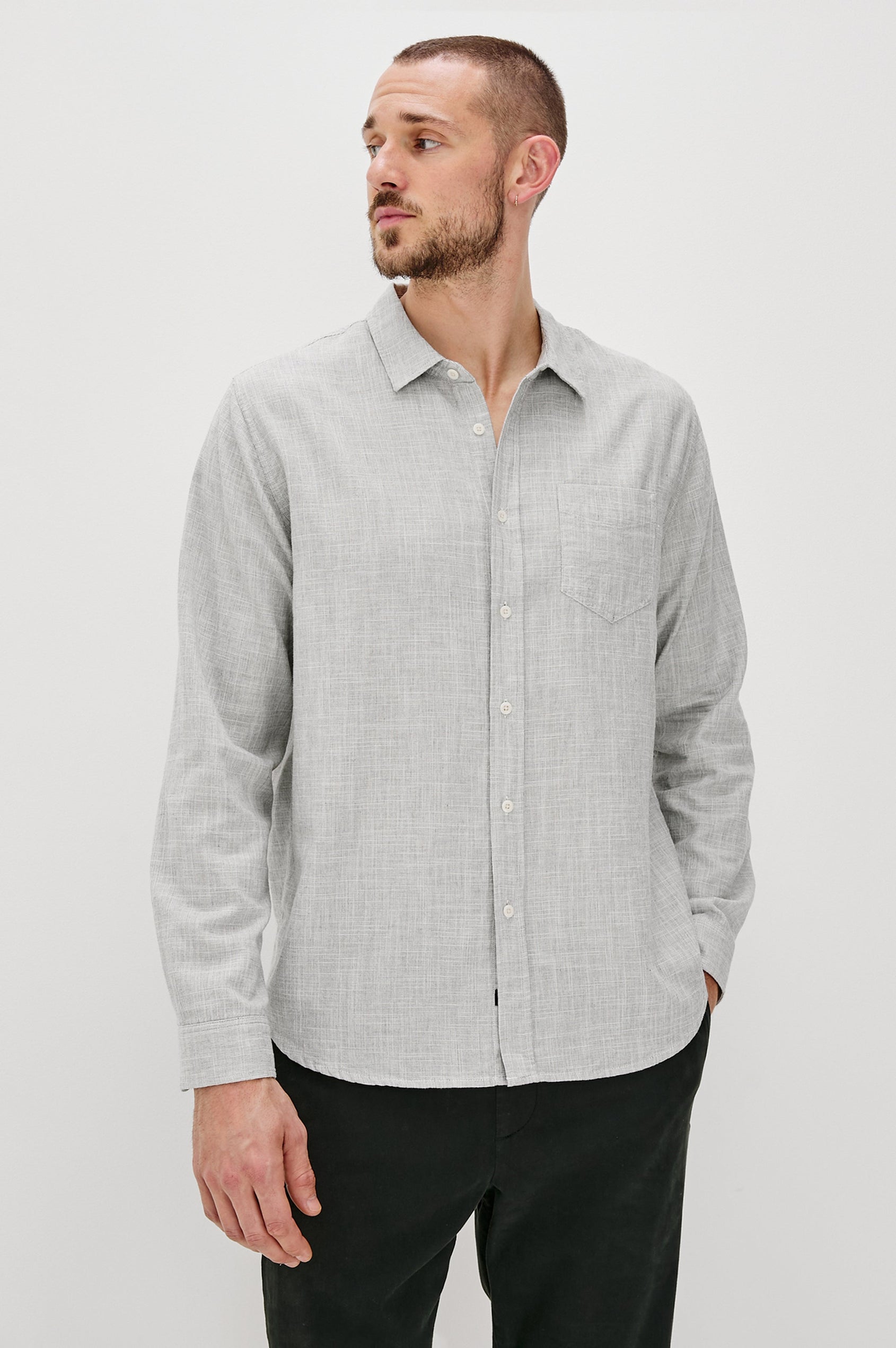 Wyatt Long-Sleeve Button Up with a Chest Patch Pocket in Platinum Etch Colorway - Front View Featured on Model