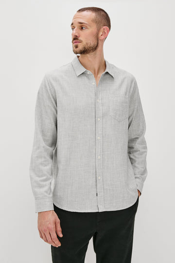 Wyatt Long-Sleeve Button Up with a Chest Patch Pocket in Platinum Etch Colorway - Front View Featured on Model