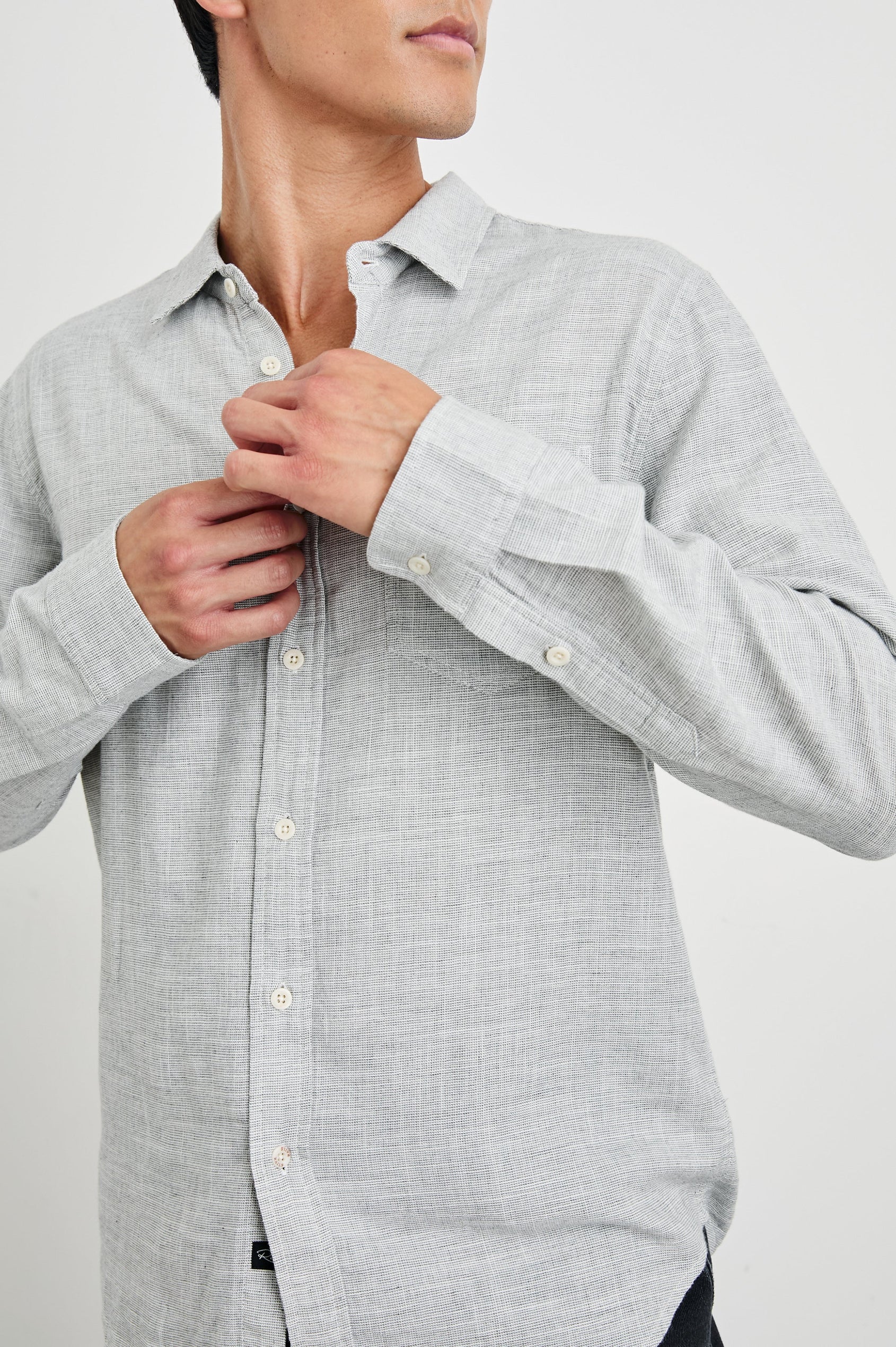 Wyatt Long-Sleeve Button Up with a Chest Patch Pocket in Platinum Etch Colorway - Front View Featured on Model