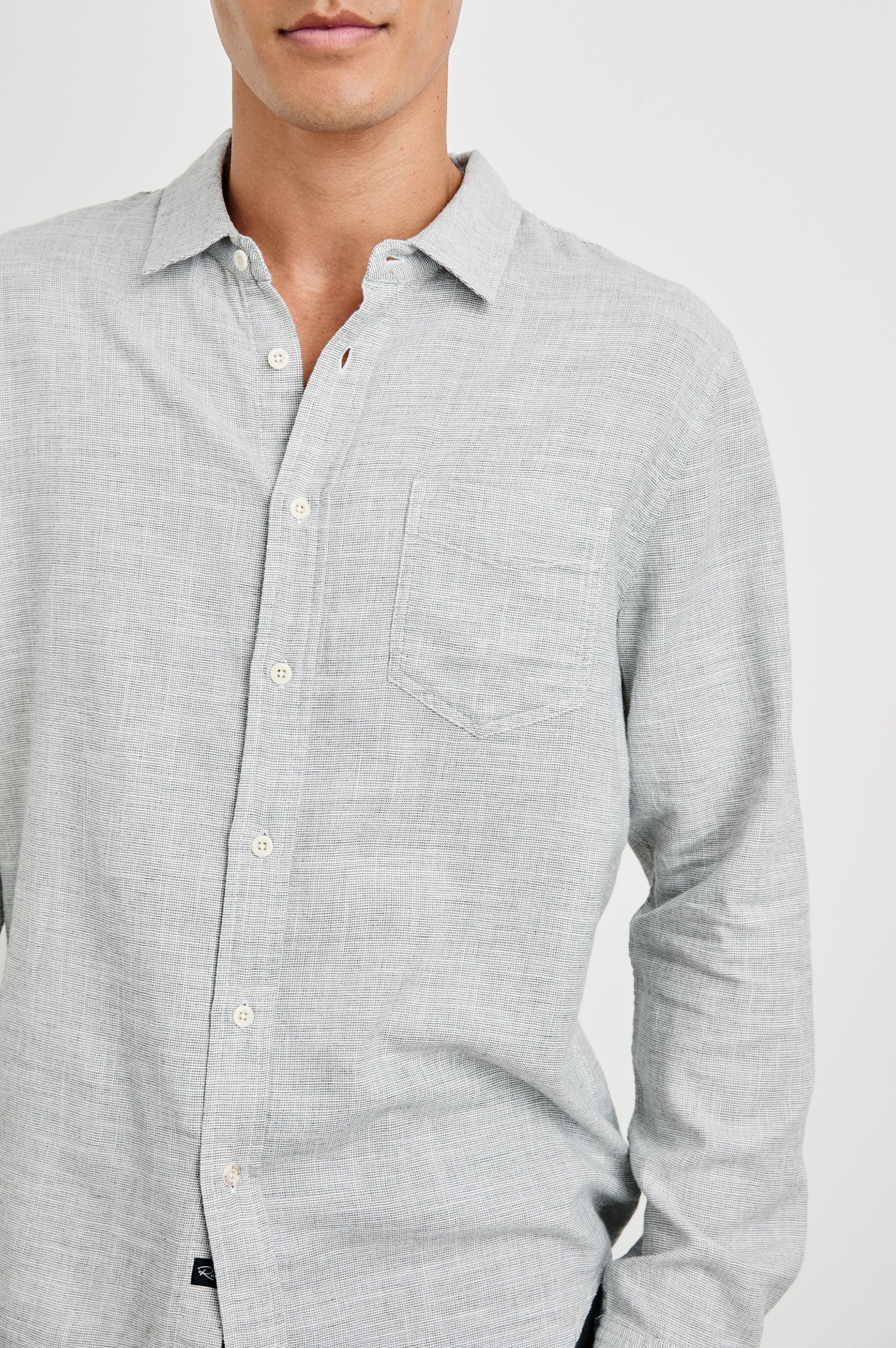 Wyatt Long-Sleeve Button Up with a Chest Patch Pocket in Platinum Etch Colorway - Front View Featured on Model