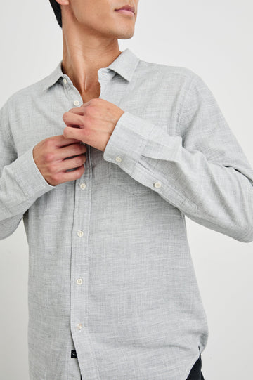 Wyatt Long-Sleeve Button Up with a Chest Patch Pocket in Platinum Etch Colorway - Front View Featured on Model