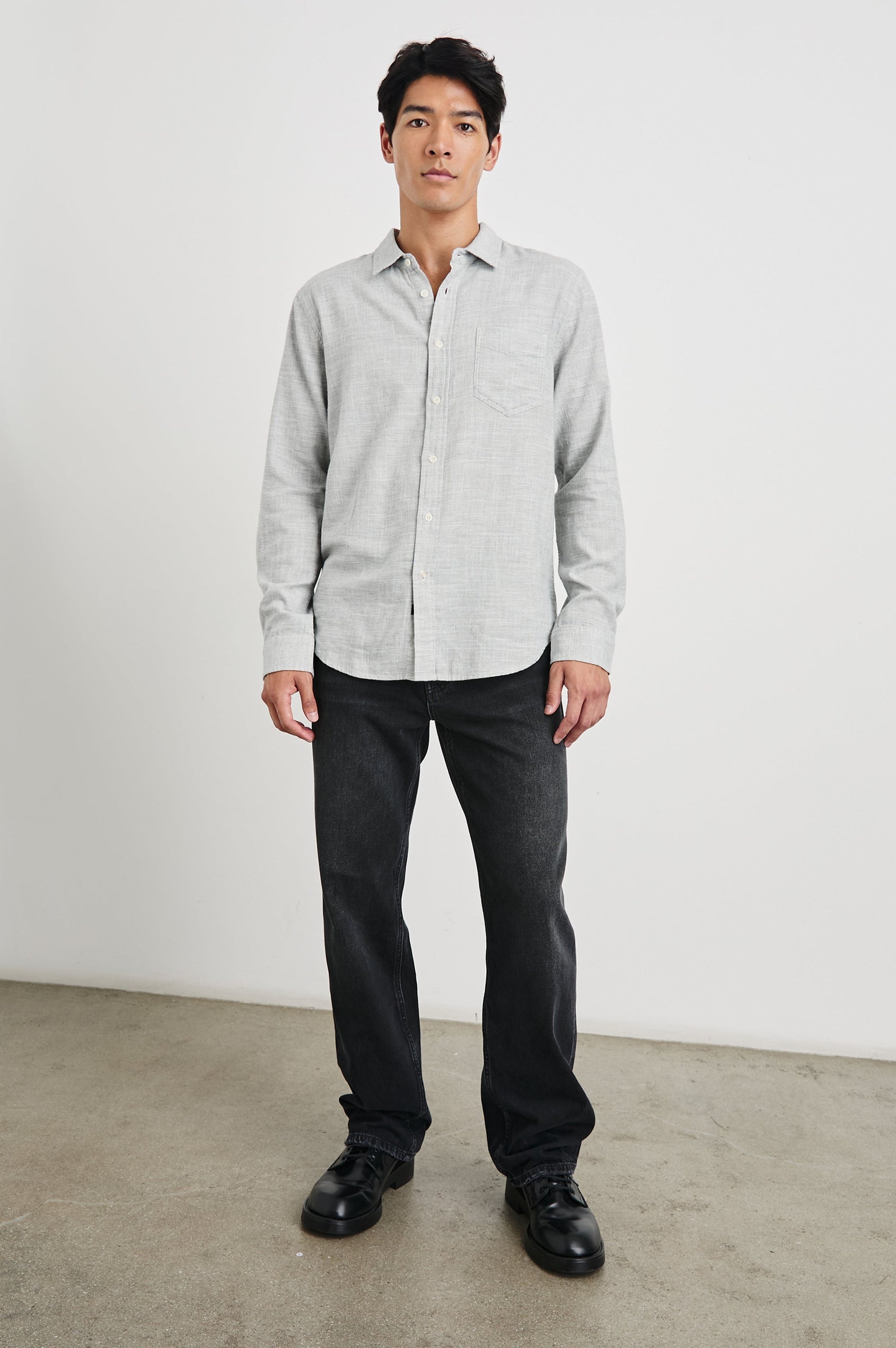 Wyatt Long-Sleeve Button Up with a Chest Patch Pocket in Platinum Etch Colorway - Front Full Body View Featured on Model
