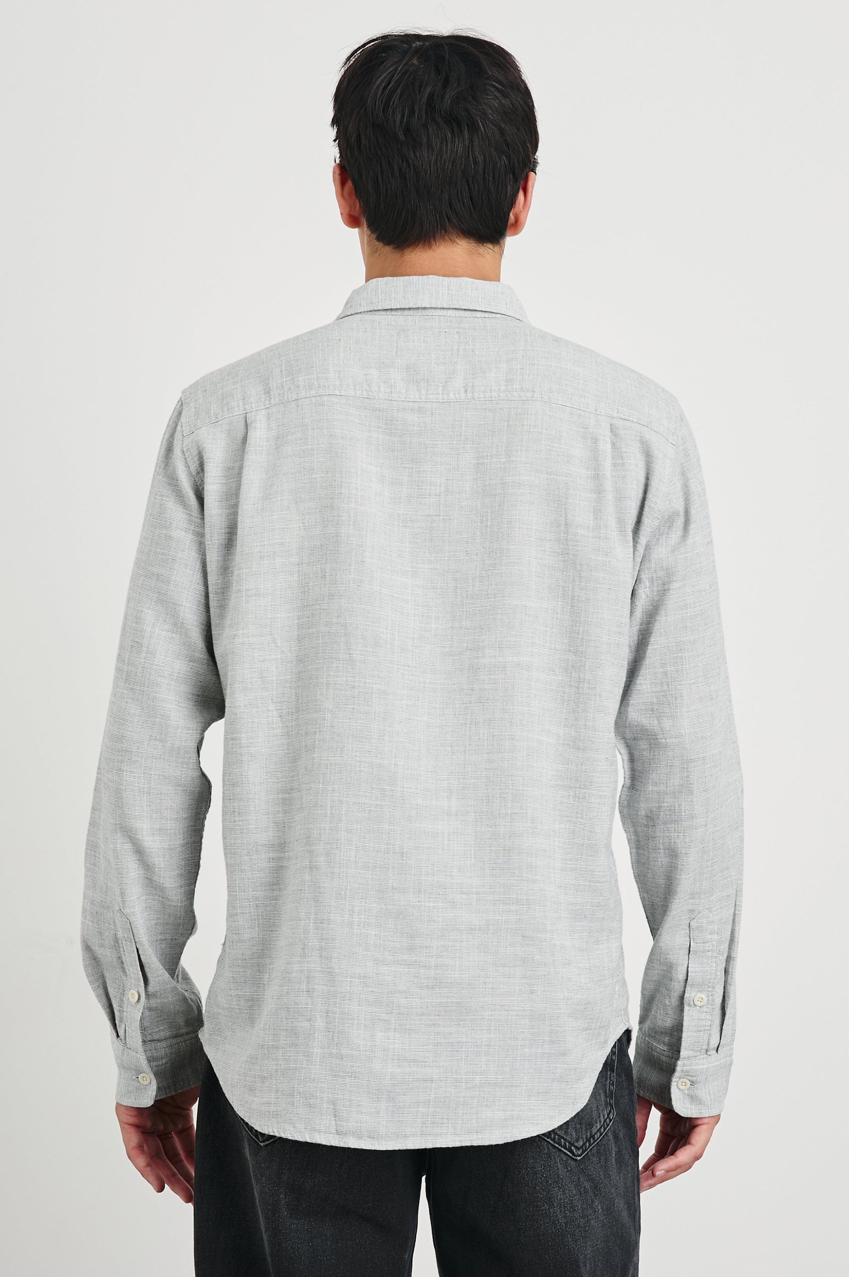 Wyatt Long-Sleeve Button Up with a Chest Patch Pocket in Platinum Etch Colorway - Back View Featured on Model