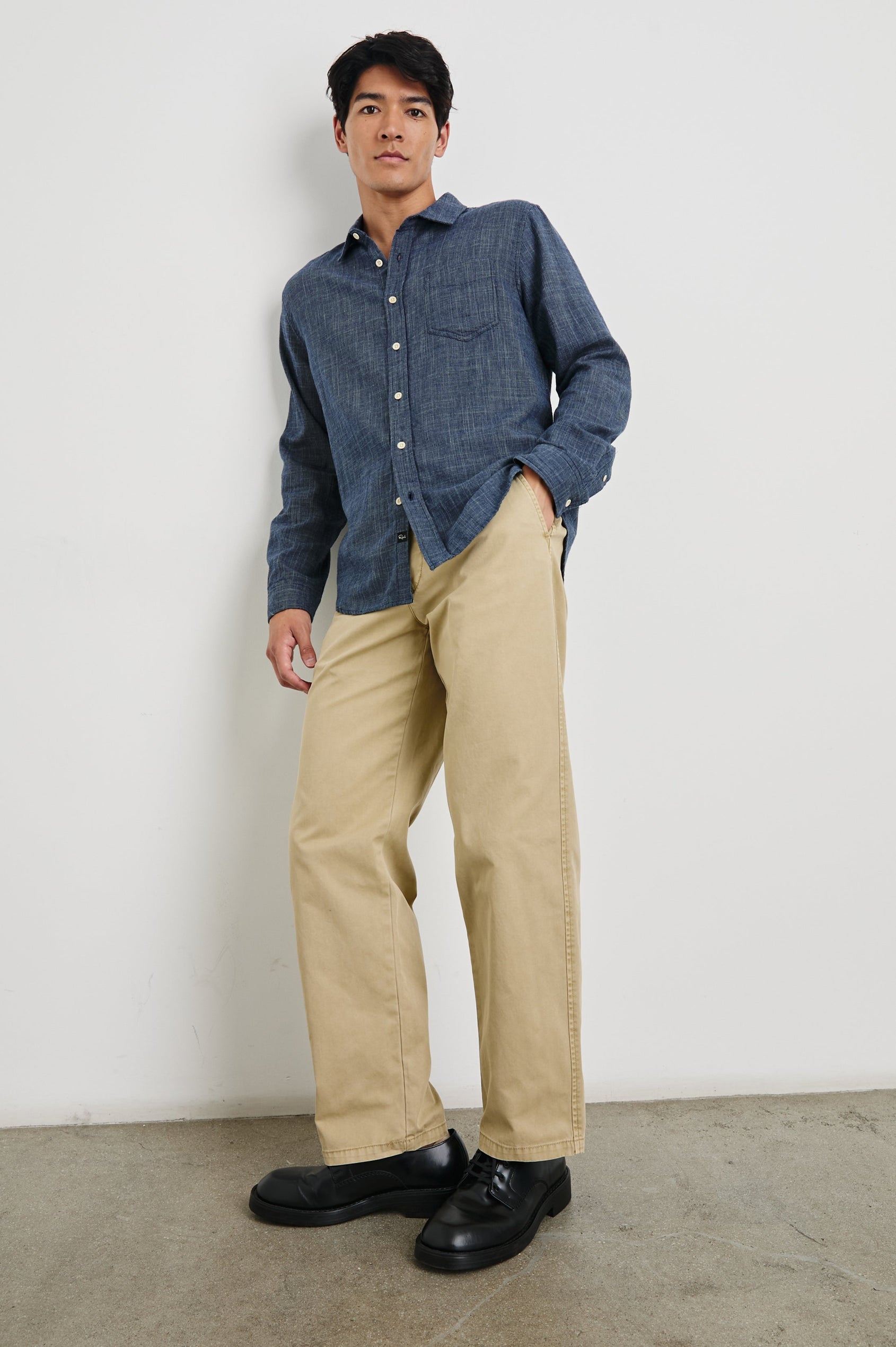 Wyatt Long-Sleeve Relaxed Fit Button Up with a Chest Patch Pocket in Navy Etch Colorway - full body front view on model