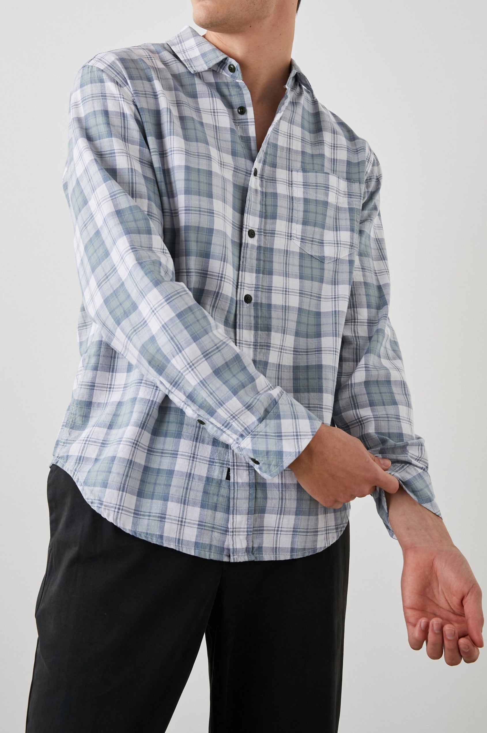 WYATT SAGE STEEL WHITE SHIRT - FRONT IN MOTION