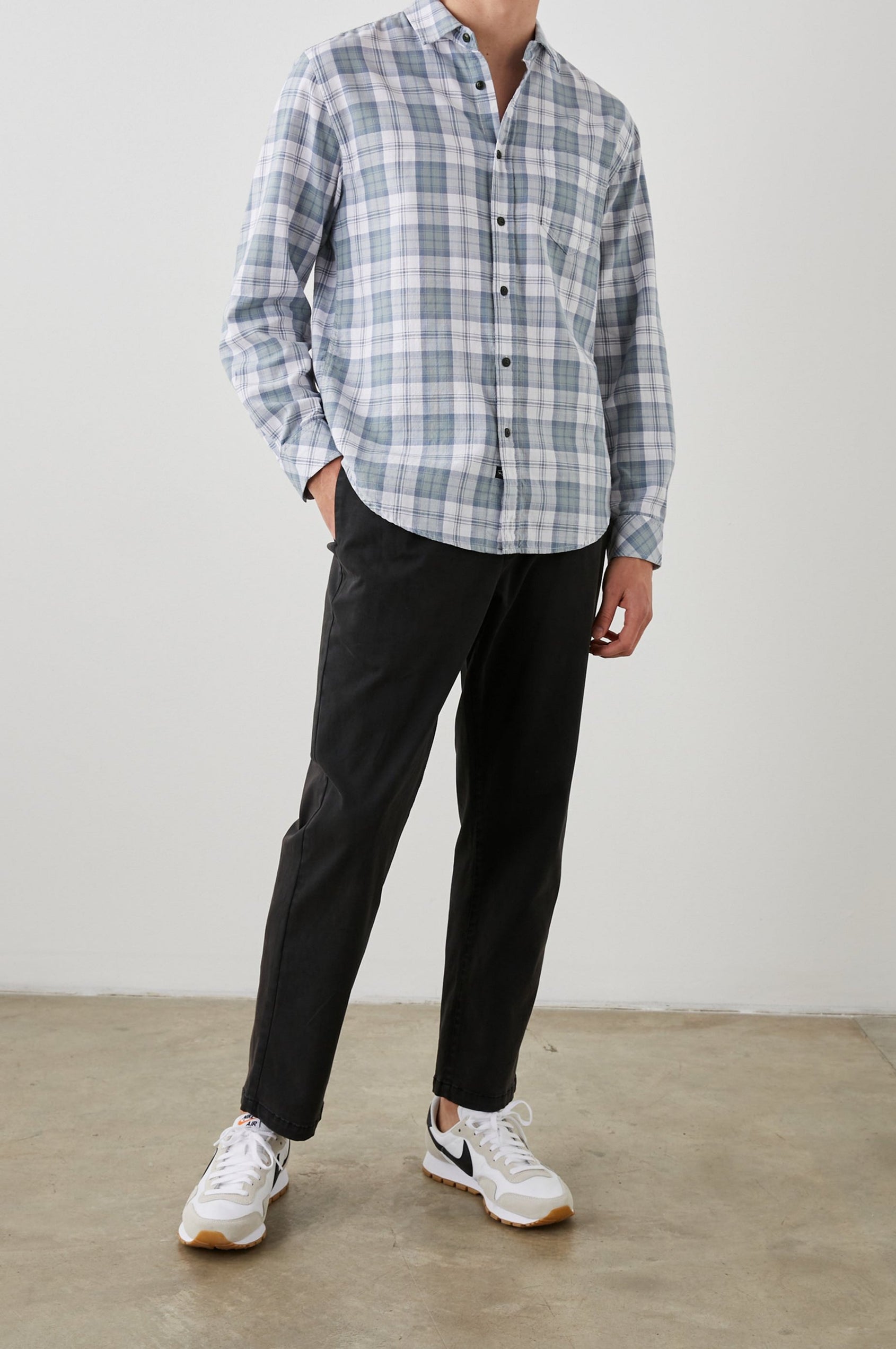 WYATT SAGE STEEL WHITE SHIRT - FRONT FULL BODY WITH ONE HAND IN POCKET