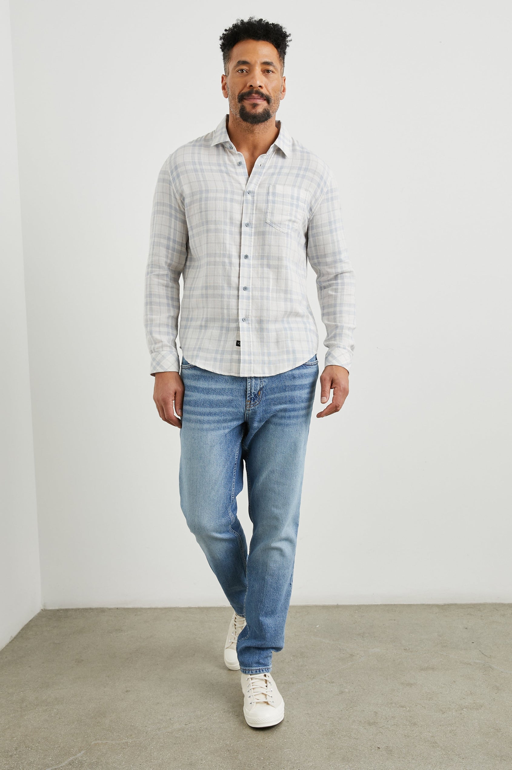 Wyatt Long-Sleeve Button Up with a Chest Patch Pocket in Slate Petal Colorway, a slate, petal and cream plaid - Front Full Body View Featured on Model