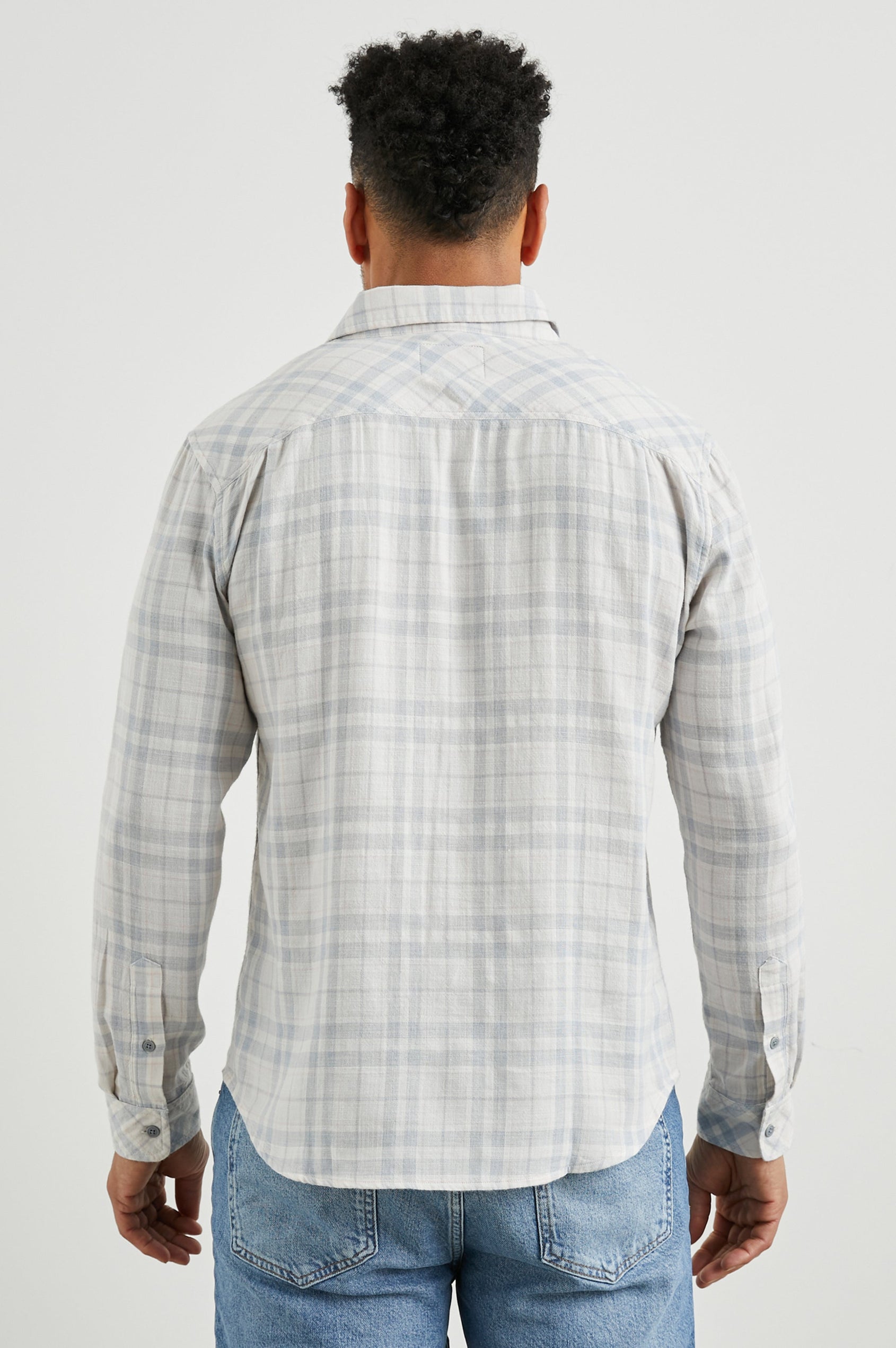 Wyatt Long-Sleeve Button Up with a Chest Patch Pocket in Slate Petal Colorway, a slate, petal and cream plaid - Back View Featured on Model