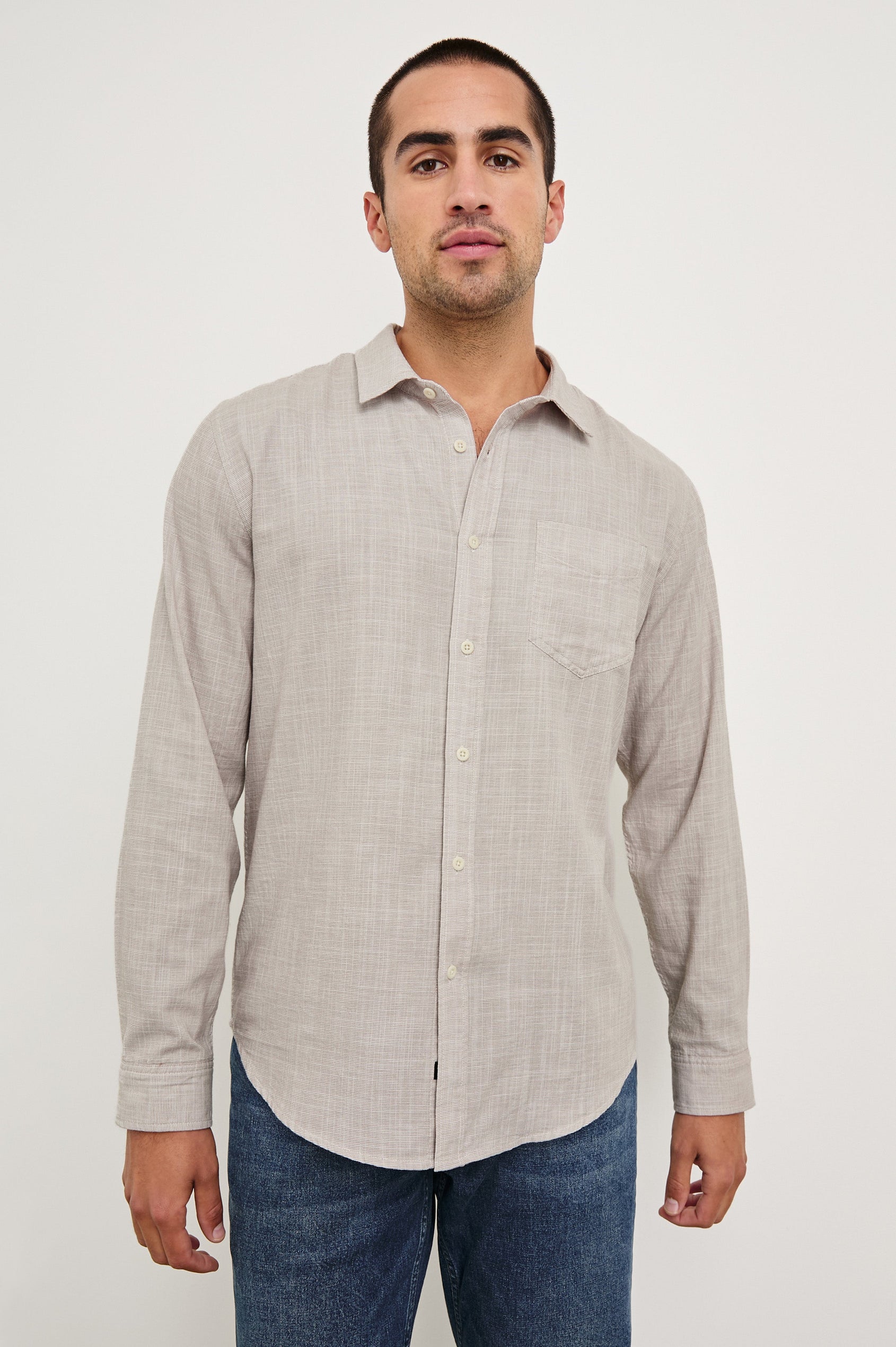 Wyatt Classic Button Up Long Sleeve Shirt in Tahini Etch - front view on model
