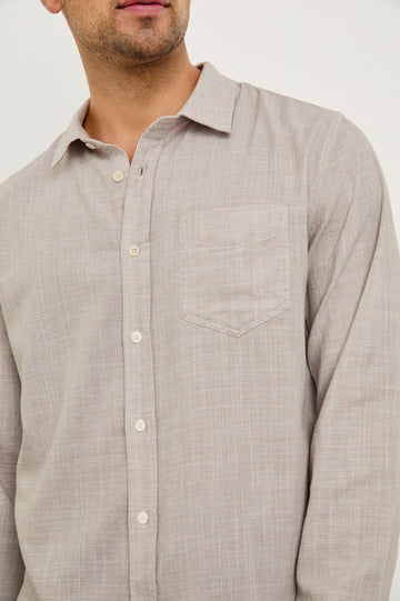 Wyatt Classic Button Up Long Sleeve Shirt in Tahini Etch - close up of details on model