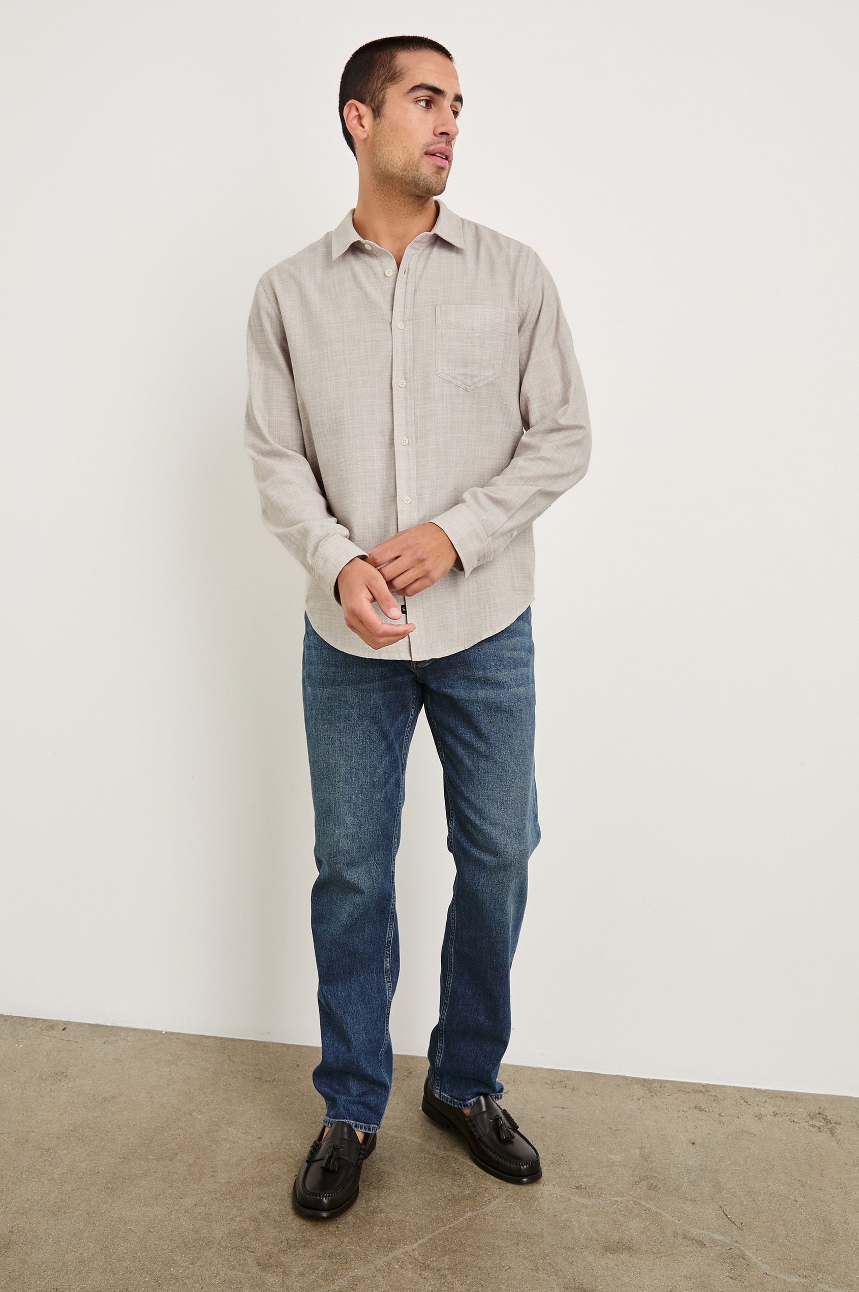 Wyatt Classic Button Up Long Sleeve Shirt in Tahini Etch - full body front view on model